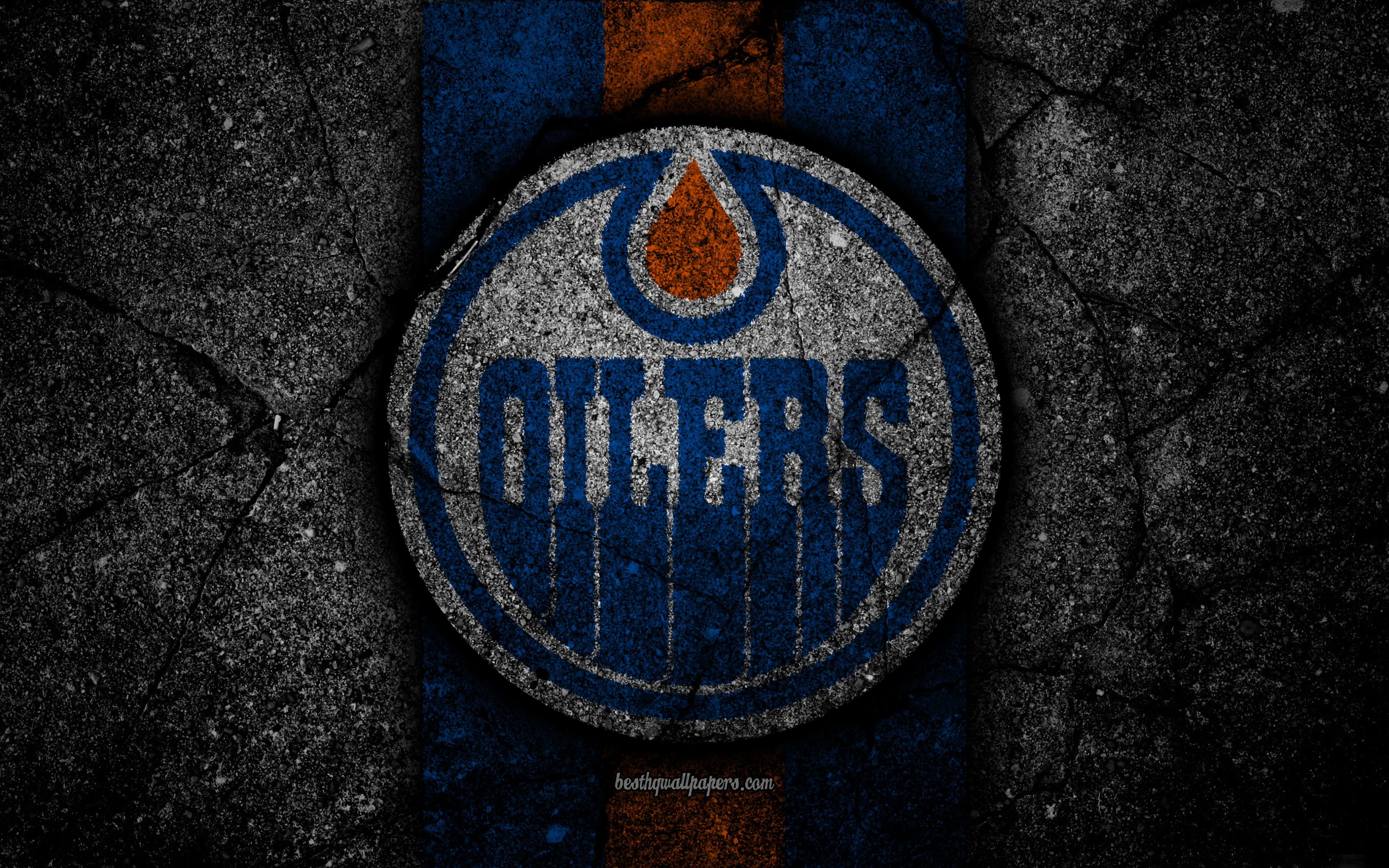 Download wallpaper 4k, Edmonton Oilers, logo, hockey club, NHL, black stone, Western Conference, USA, Asphalt texture, hockey, Pacific Division for desktop with resolution 3840x2400. High Quality HD picture wallpaper