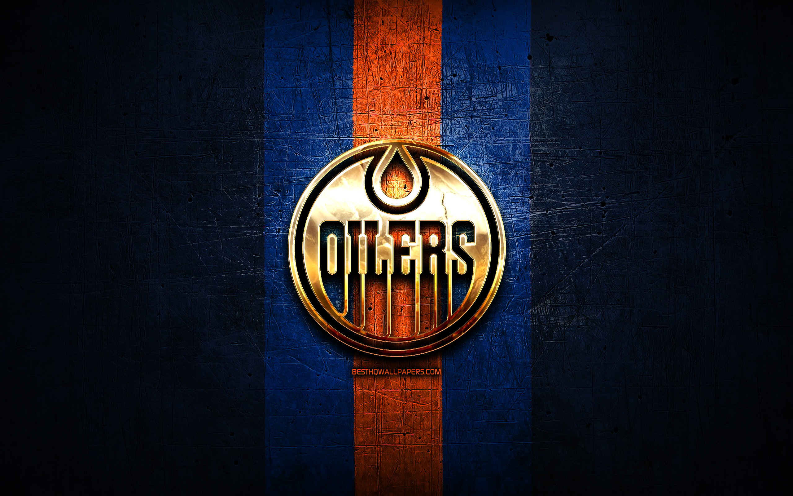 Download wallpaper Edmonton Oilers, golden logo, NHL, blue metal background, american hockey team, National Hockey League, Edmonton Oilers logo, hockey, USA for desktop with resolution 2560x1600. High Quality HD picture wallpaper