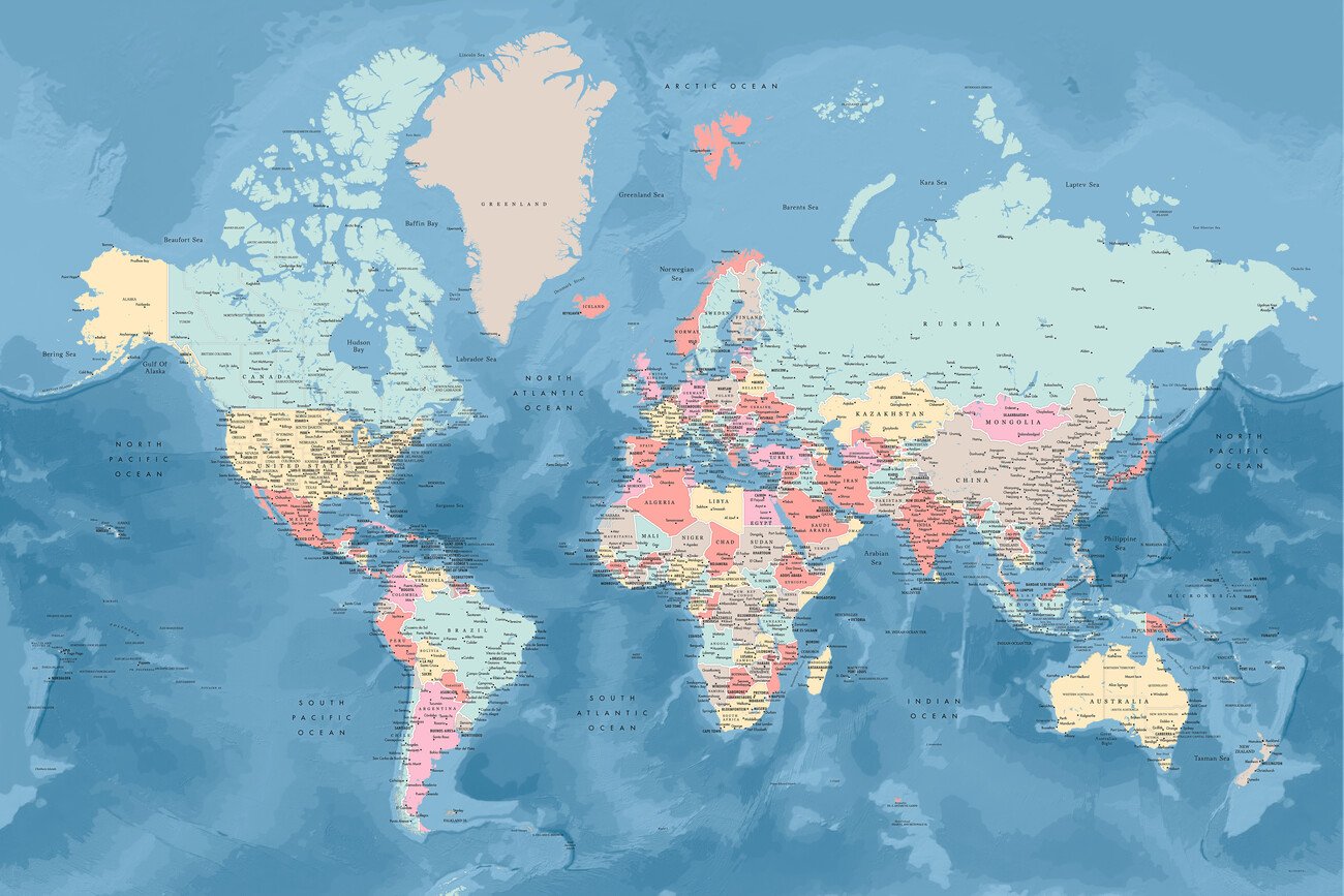 Map of Light blue and pastels detailed world map ǀ Maps of all cities and countries for your wall