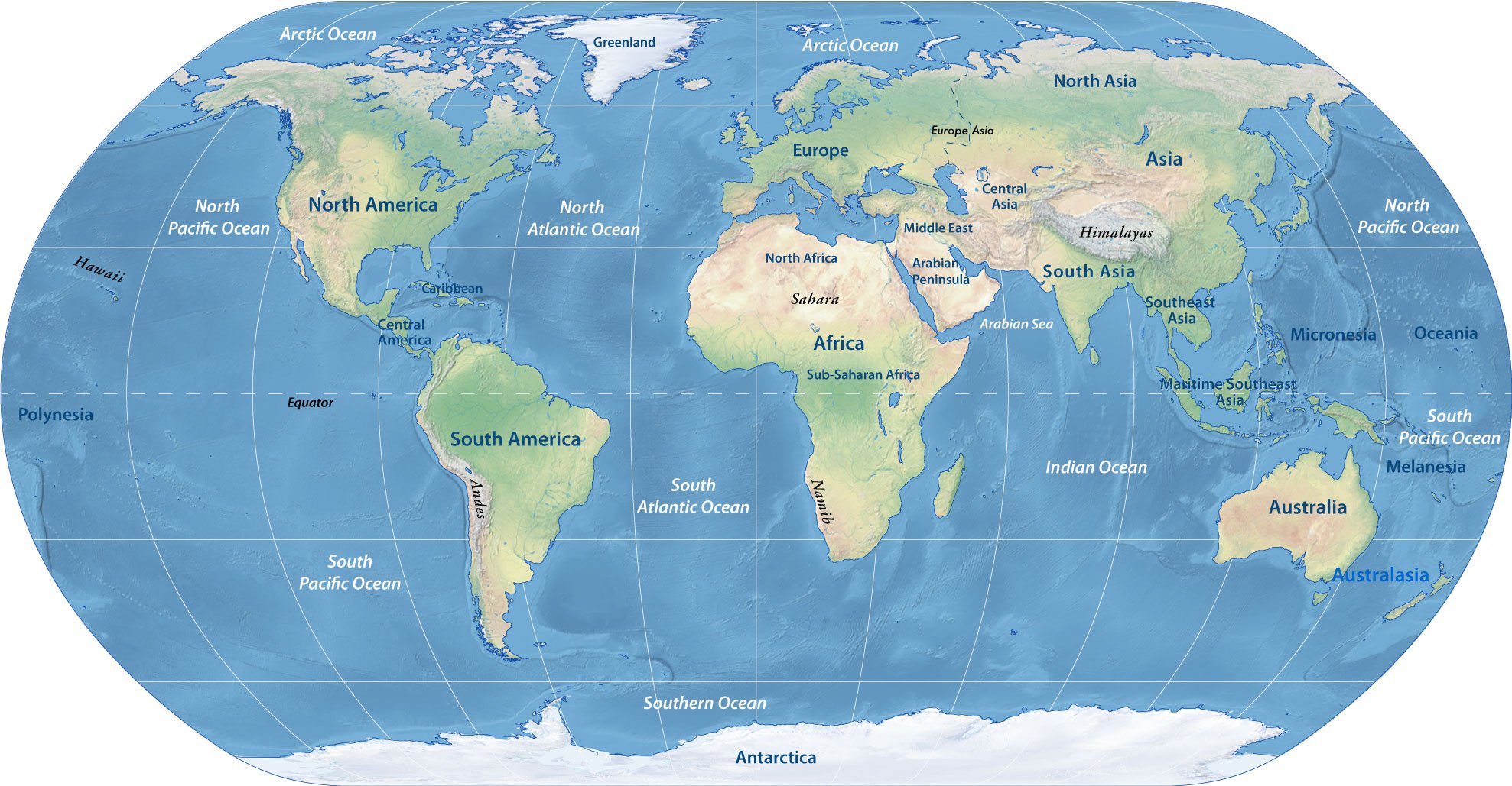 Physical Map of the World Continents Online Project