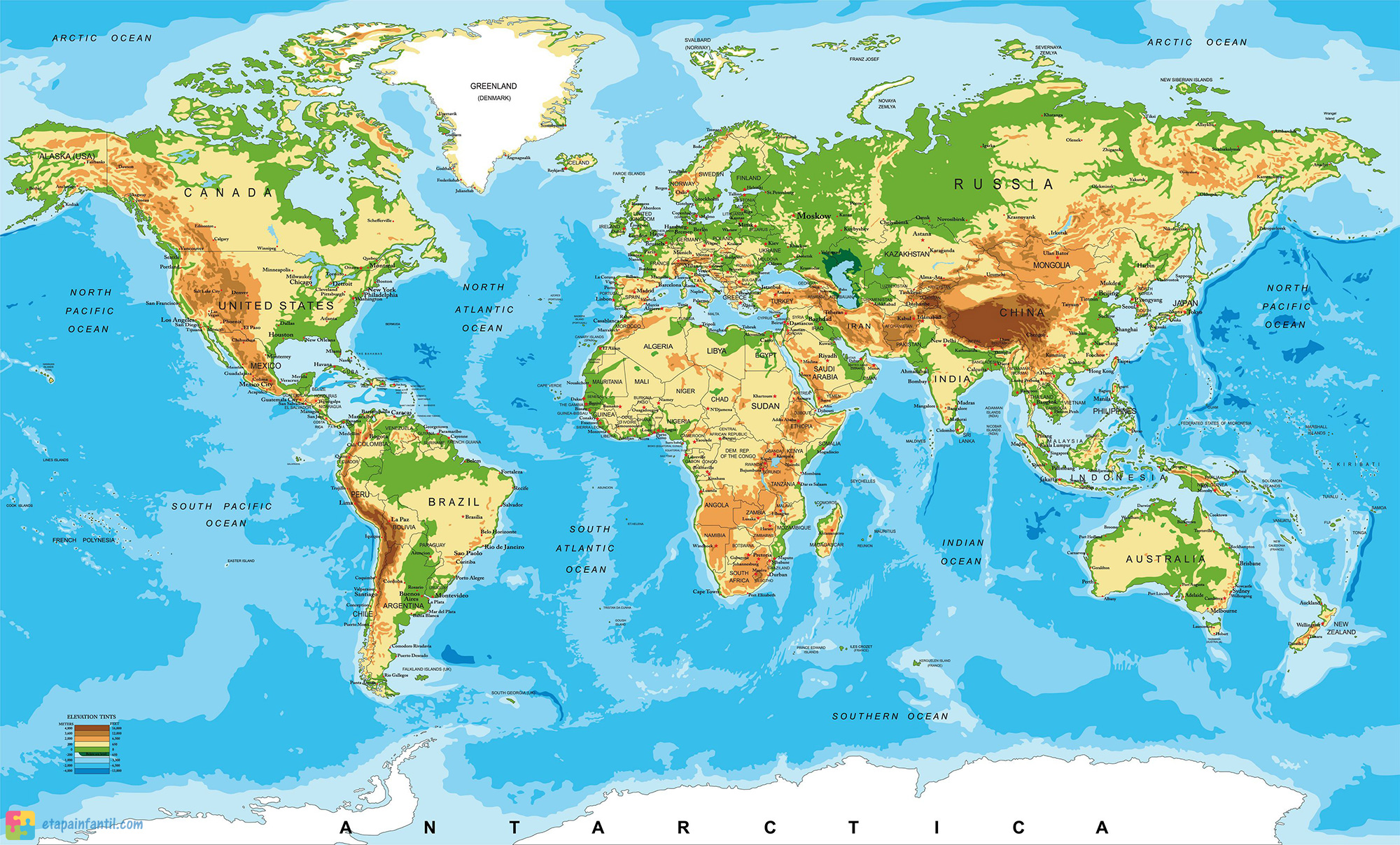 Detailed Physical Map Of The World