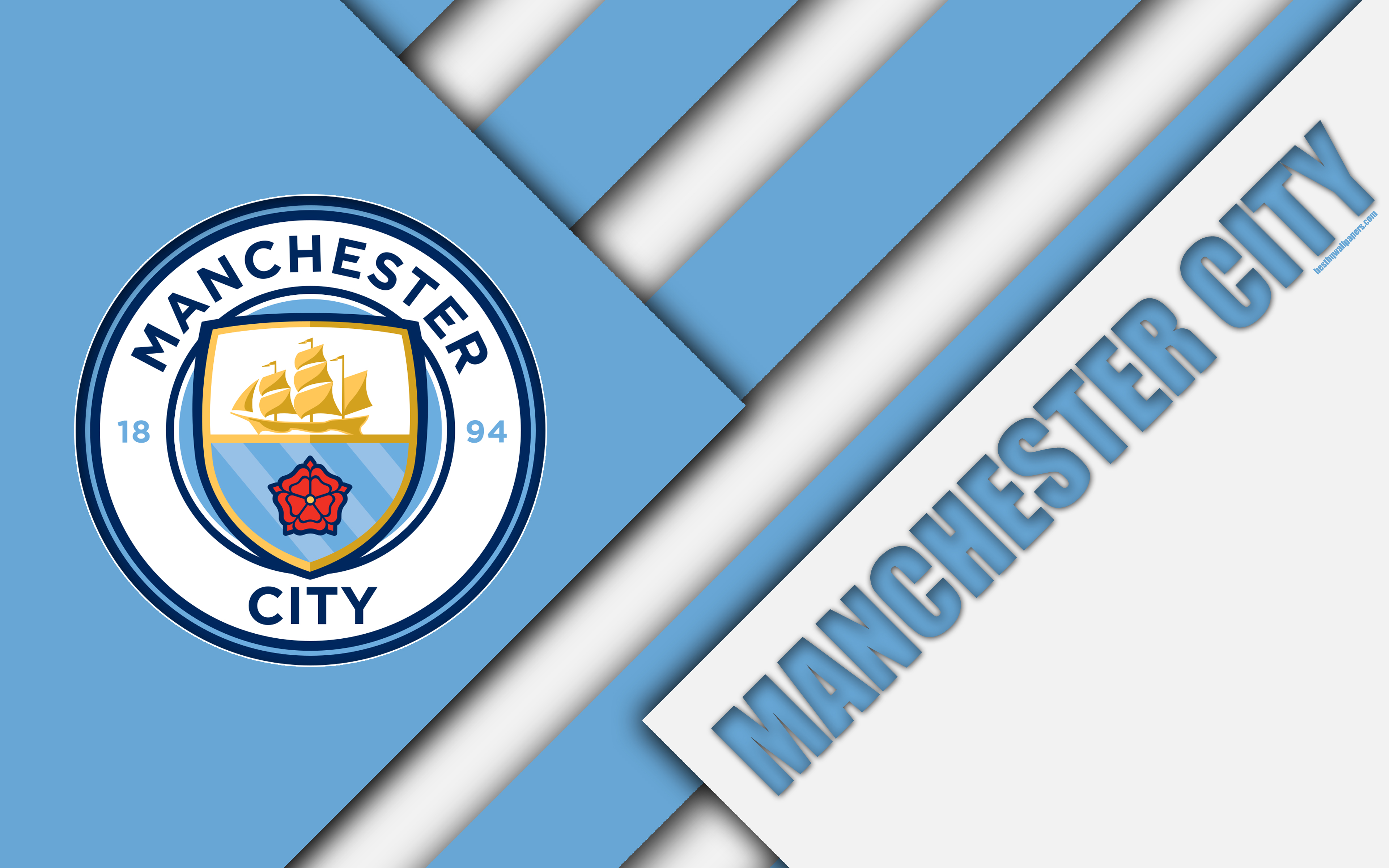 Download wallpaper Manchester City FC, logo, 4k, material design, blue white abstraction, football, Gorton, Manchester, England, UK, Premier League, English football club for desktop with resolution 3840x2400. High Quality HD picture wallpaper