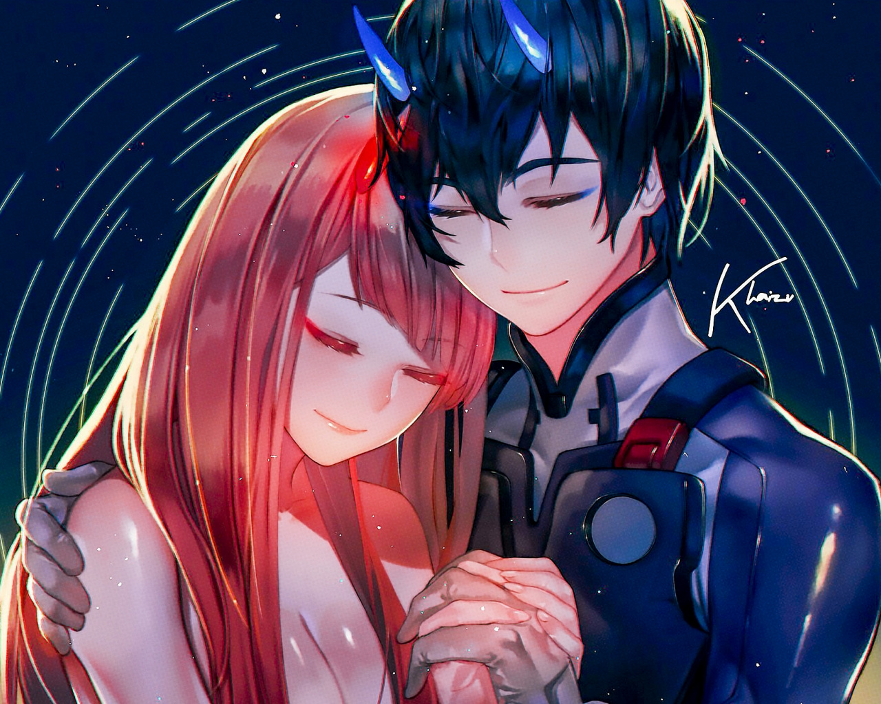 Download Hiro and Zero Two, hug, love, anime, artwork wallpaper, 1280x1024, Standard 5:4, Fullscreen