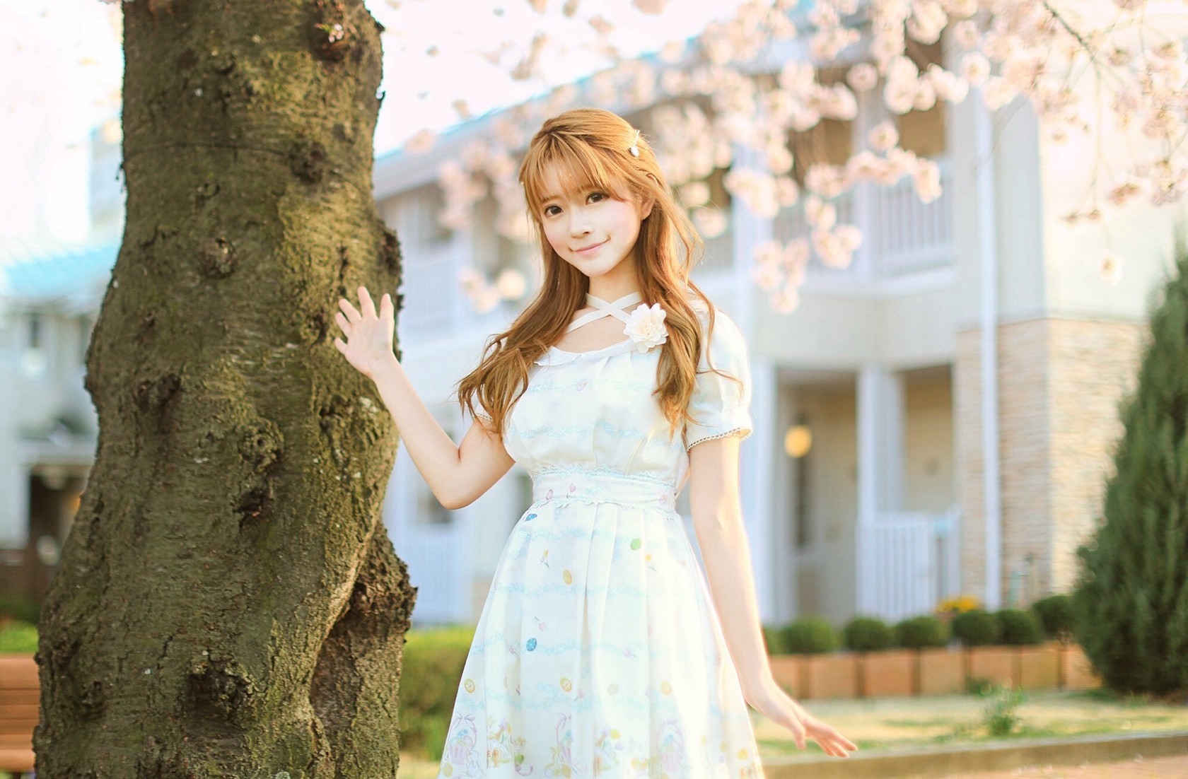 Dress Women Yurisa Chan Standing Blonde Brown Eyes Korean Smiling Model Women Outdoors Long Hair