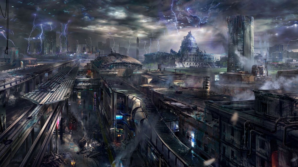 Futuristic smoke destruction buildings science fiction lightning wallpaperx1080