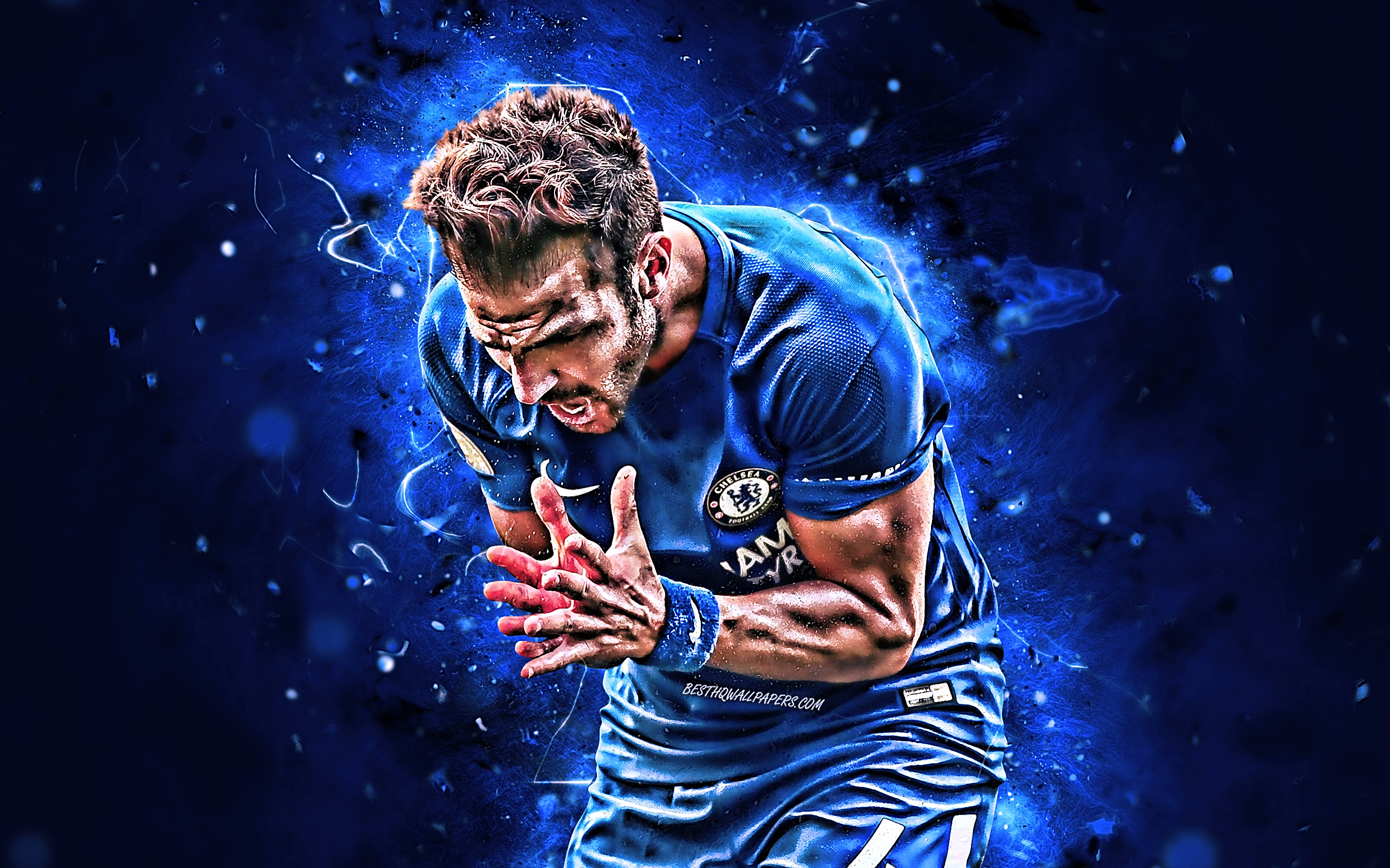Download wallpaper Cesc Fabregas, joy, spanish footballers, Chelsea FC, soccer, Fabregas, Premier League, football, neon lights for desktop with resolution 2880x1800. High Quality HD picture wallpaper