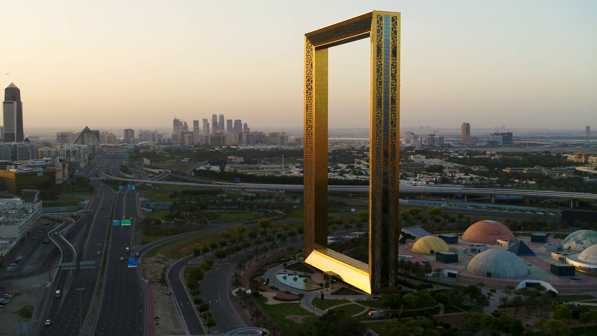 Aerial view of Dubai frame landmark during the sunset, Dubai, U.A.E Stock Video Footage