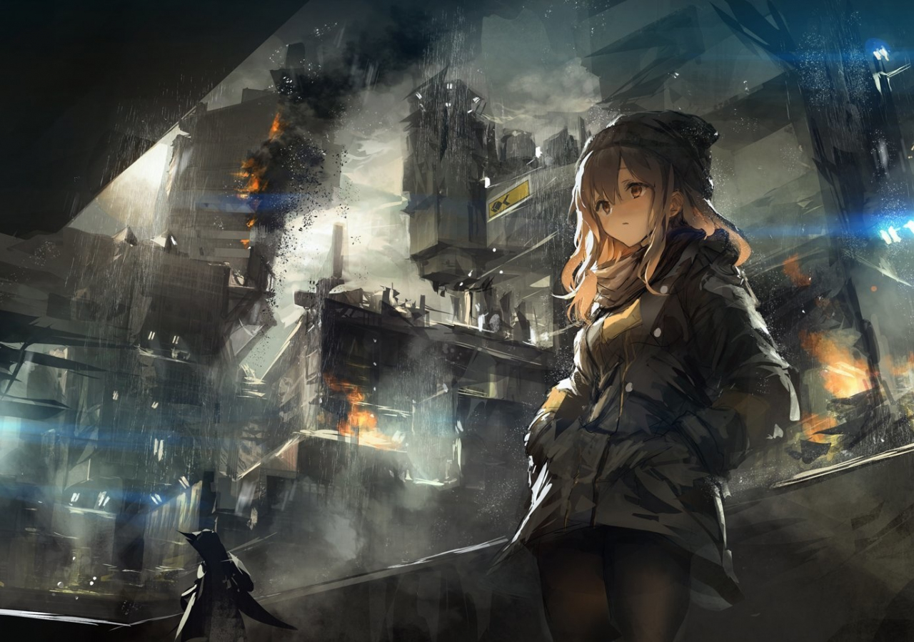 Desktop Wallpaper City, Destruction, Anime Girl, Art, HD Image, Picture, Background, 0652a8