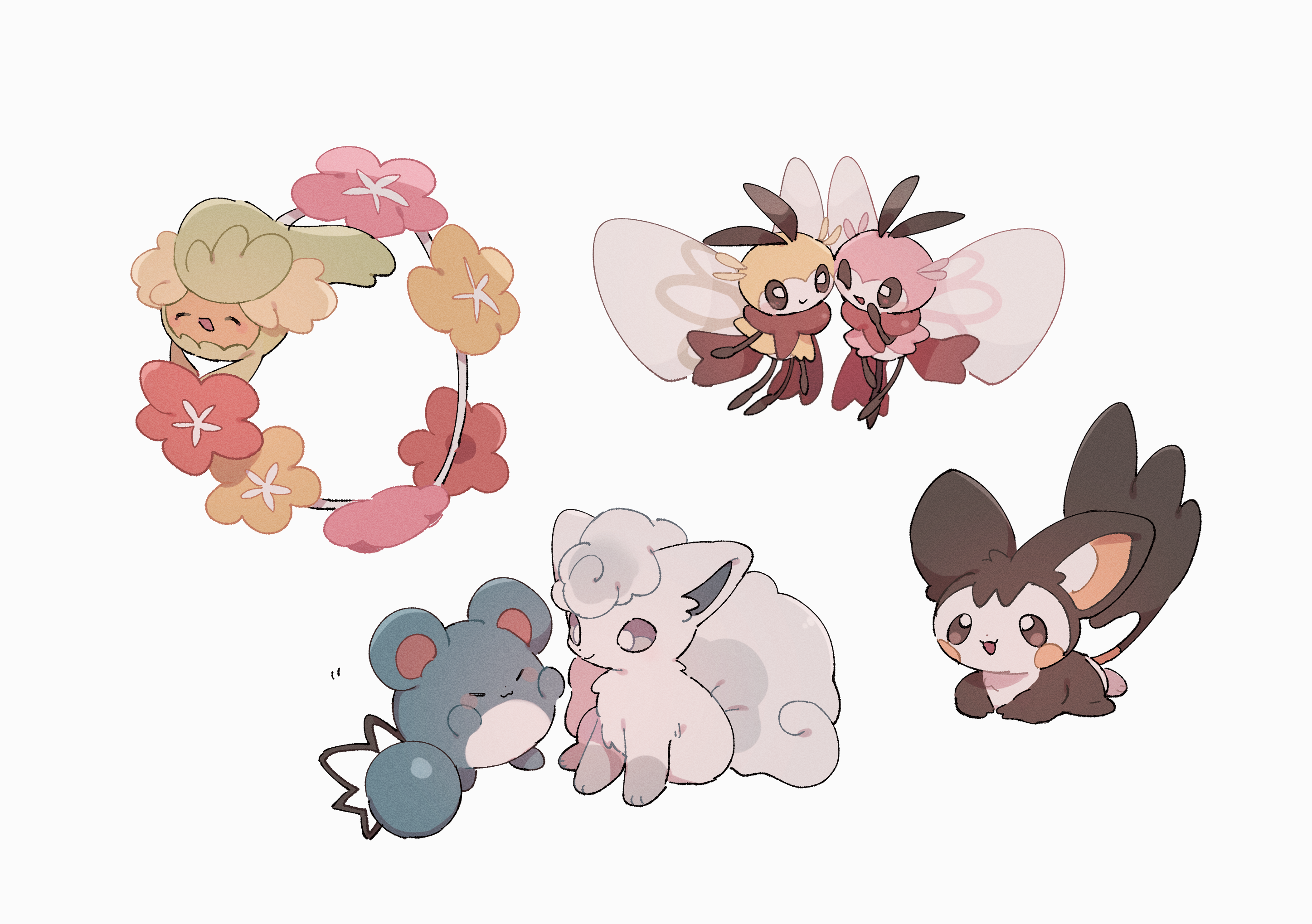 alolan vulpix, emolga, marill, ribombee, and comfey (pokemon) drawn