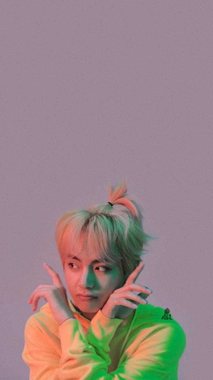 kim taehyung wallpaper, green, pink, fictional character, plant, child, portrait, illustration, art