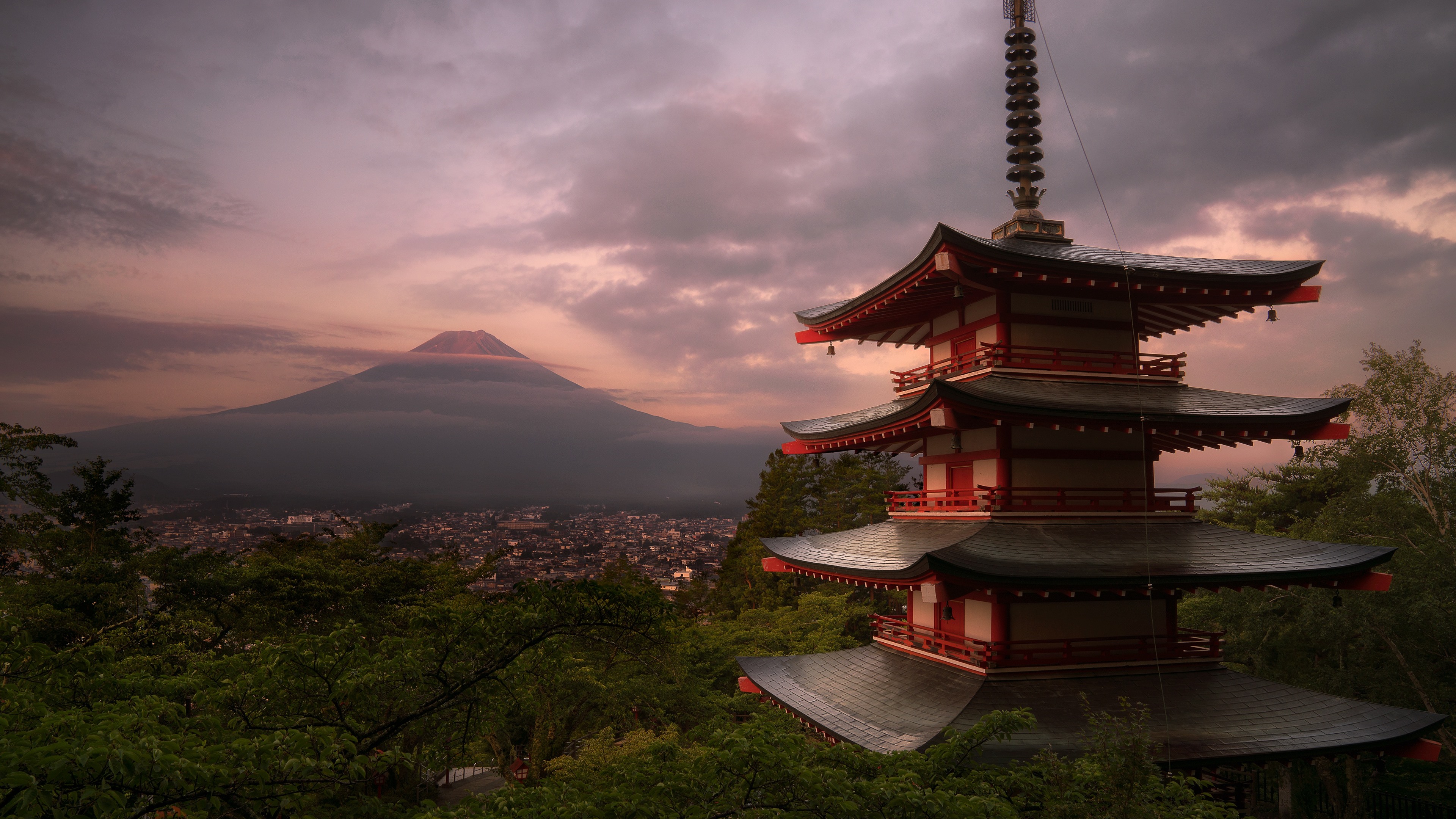 Wallpaper Japan, Temple, Fuji Mount, Clouds, Dusk