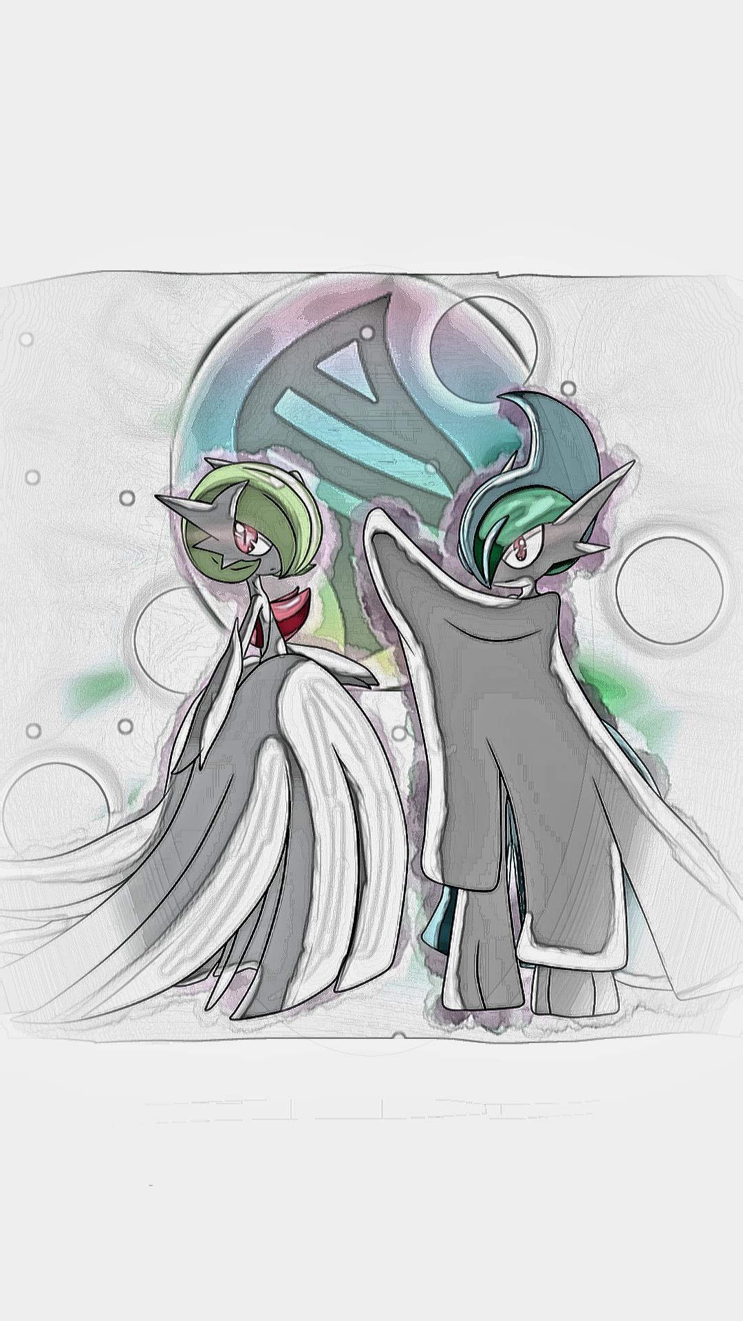 An edit of Mega Gardevoir and Mega Gallade for a phone wallpaper, requested