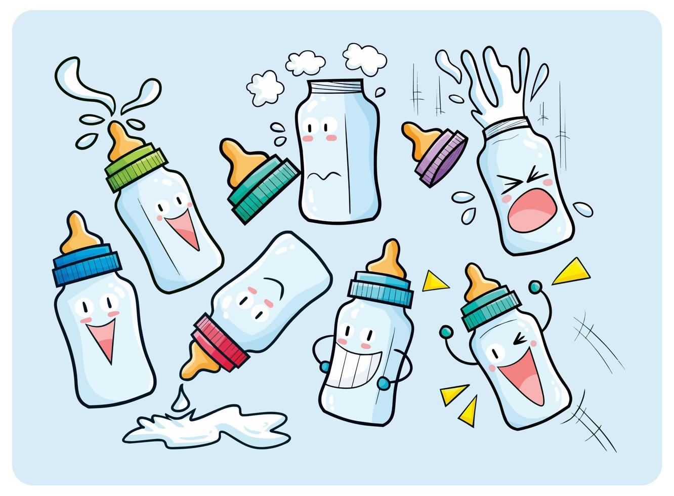 Kawaii milk bottle characters cartoon illustration set