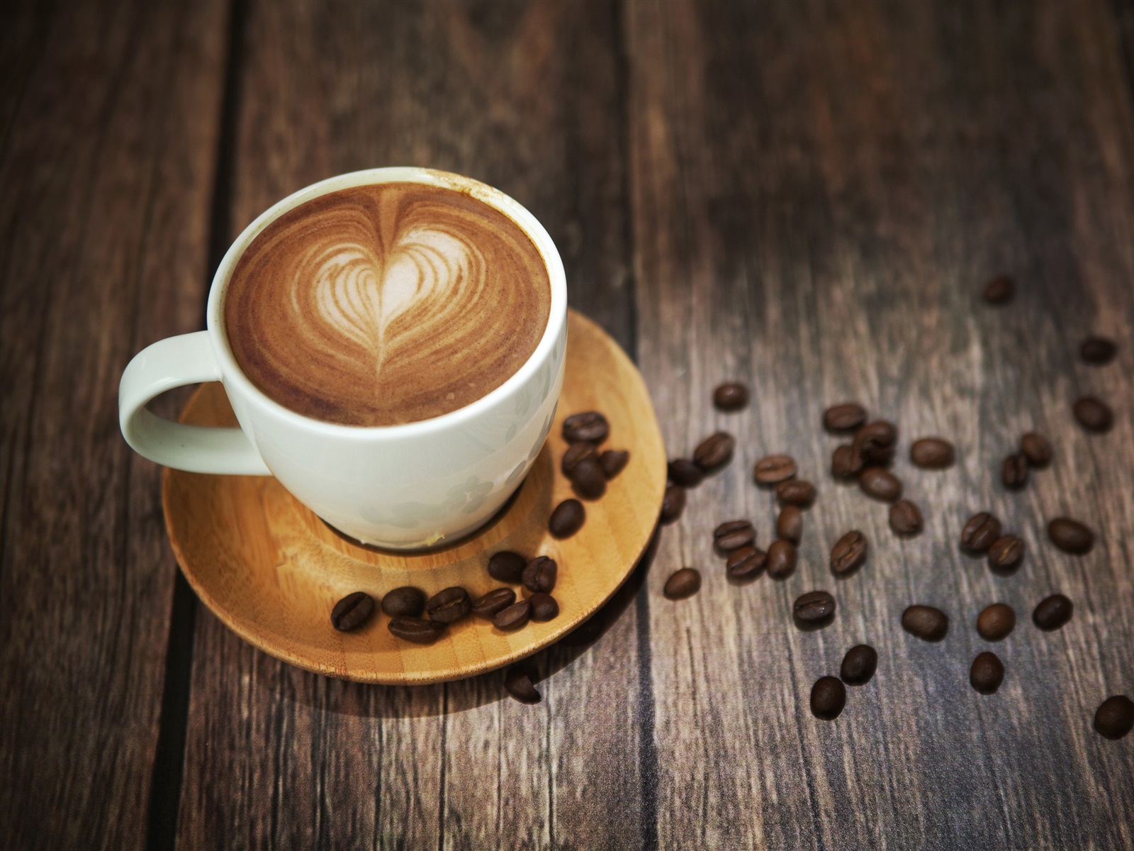 Wallpaper Coffee, cup, foam, drink, coffee beans, wood deskx1600 HD Picture, Image
