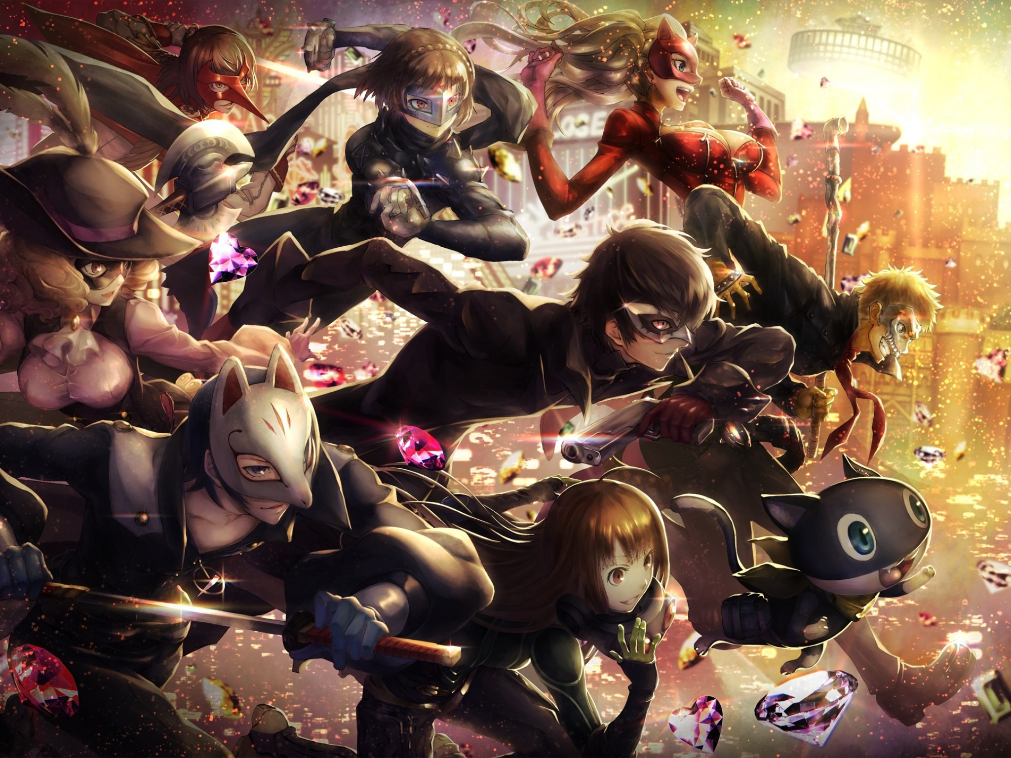 Download 2048x1536 Persona 5, Akechi Goro, Kurusu Akira, Okumura Haru, Nijima Makoto Wallpaper for Ainol Novo 9 Spark