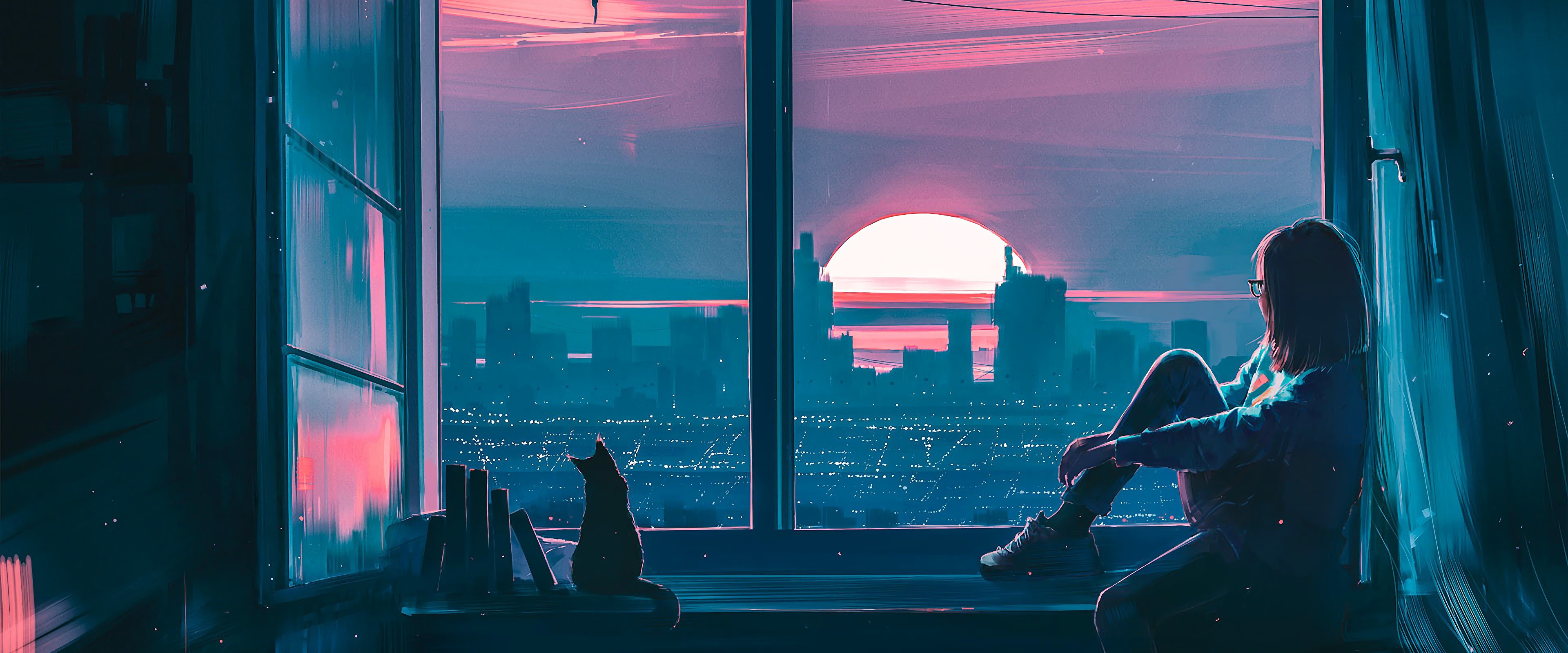Anime Girl Cat City Scenery 4K Wallpaper