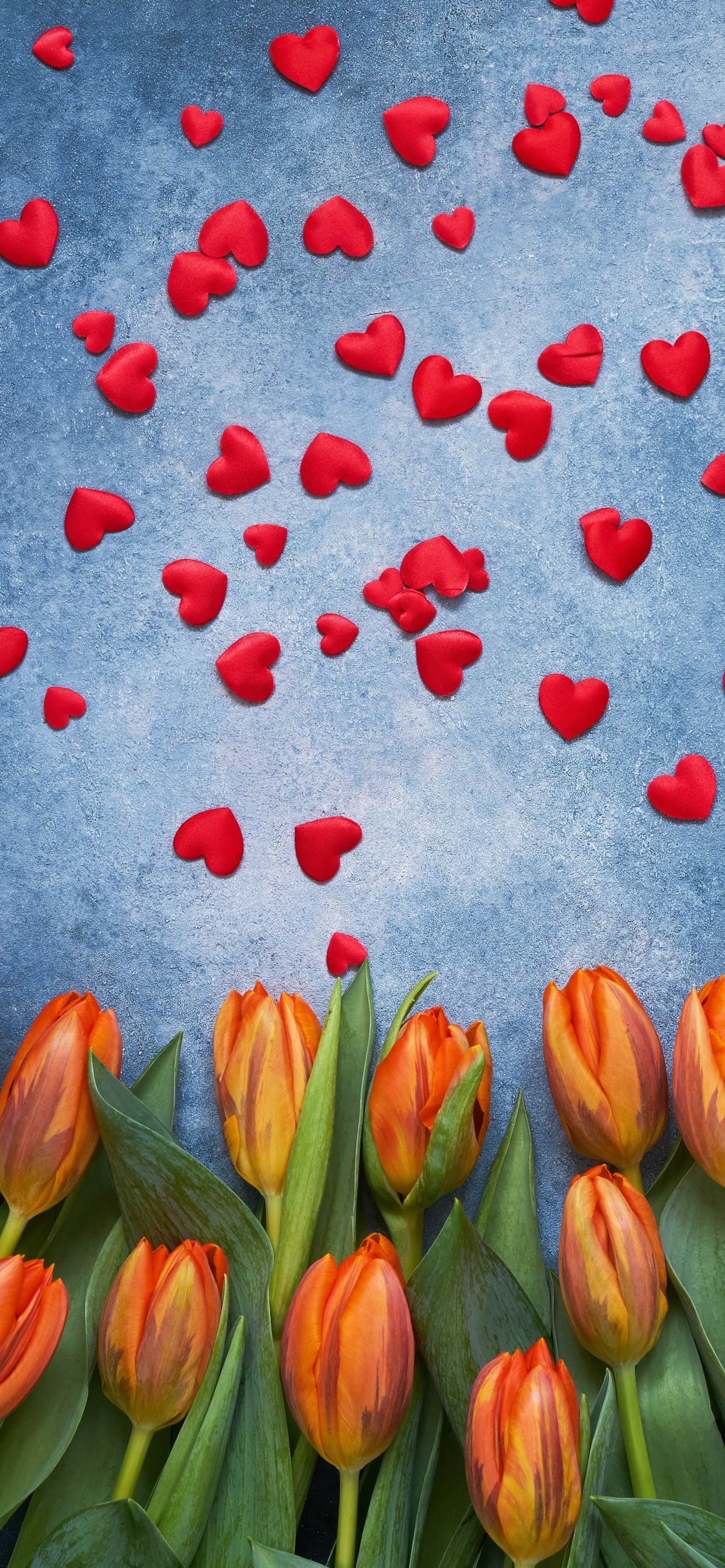 Wallpaper Orange tulips and many red love hearts 5120x2880 UHD 5K Picture, Image
