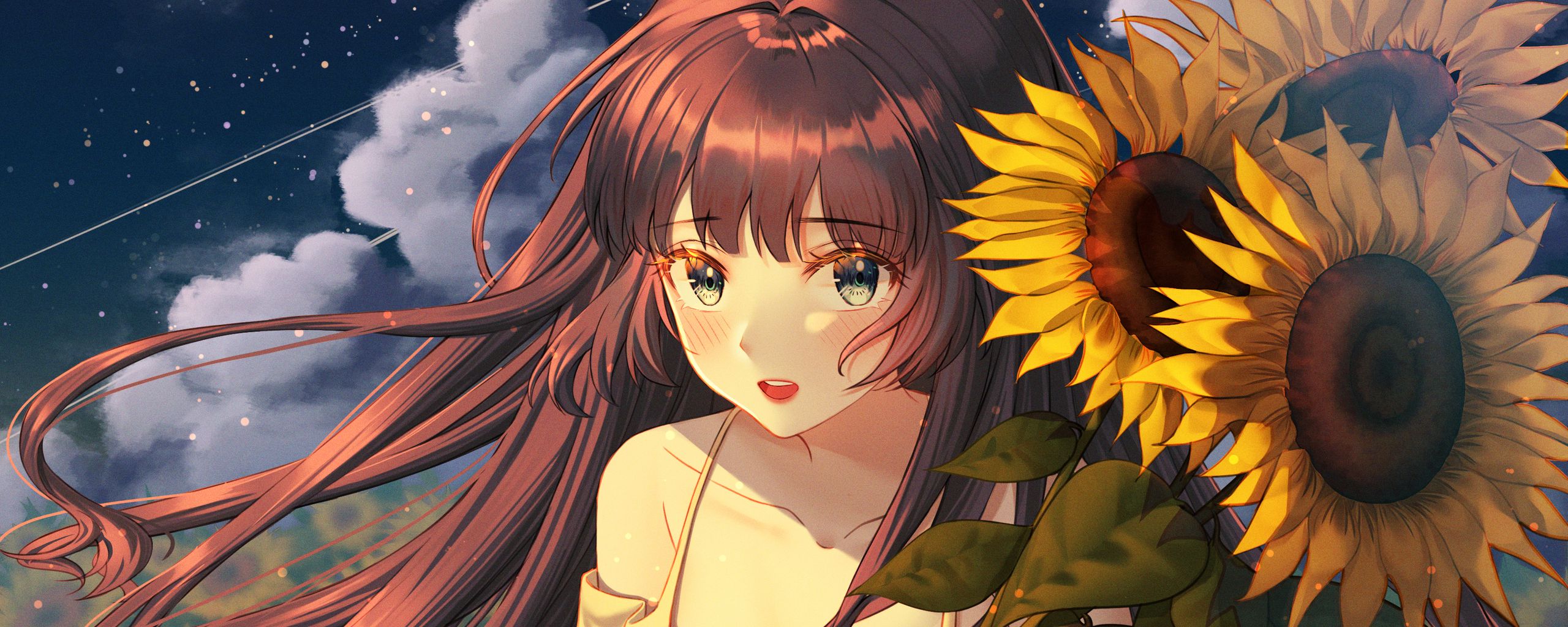 Download wallpaper 2560x1024 girl, sunflowers, field, anime, art ultrawide monitor HD background