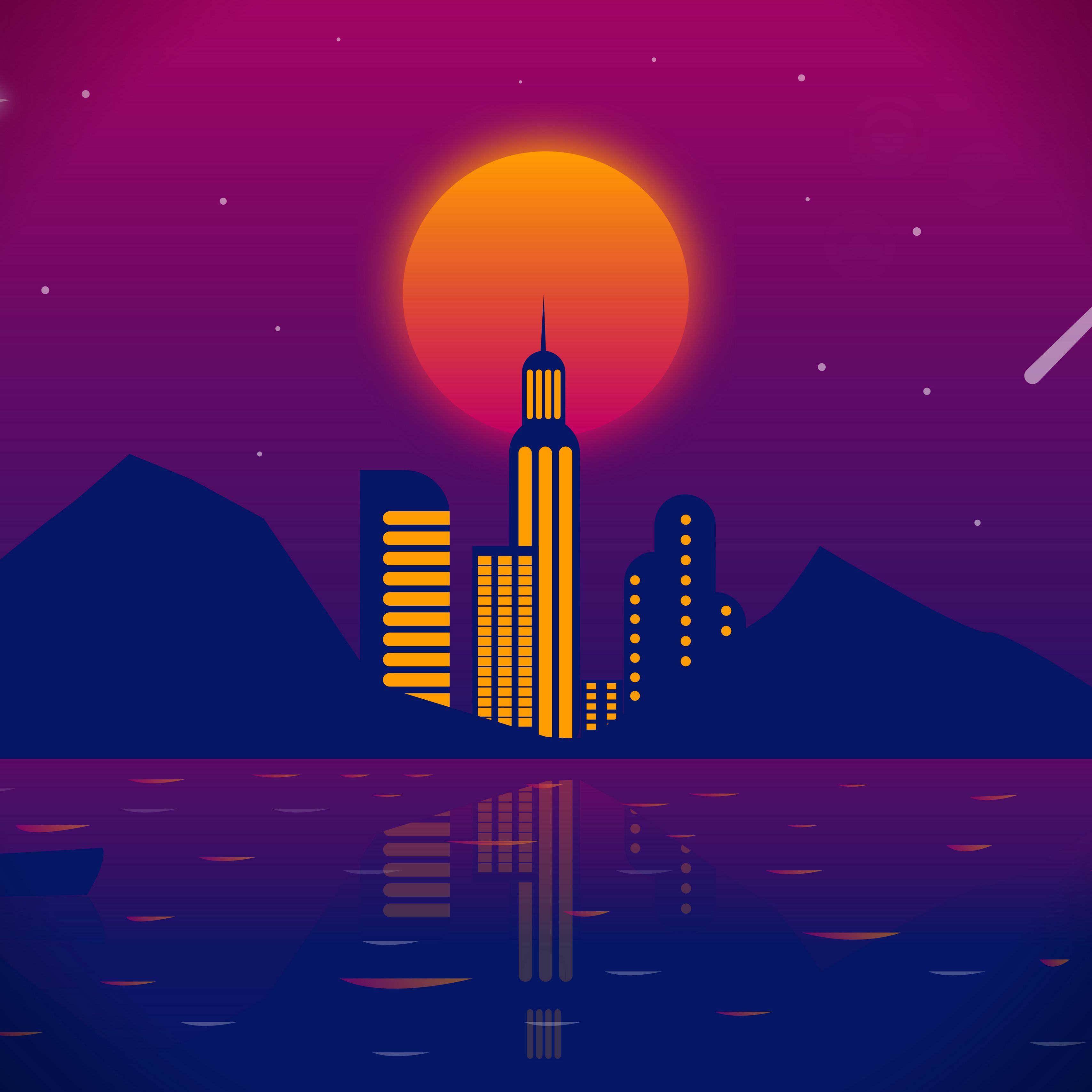 Download wallpaper 3415x3415 city, vector, art, night, moon ipad pro 12.9 retina for parallax HD background