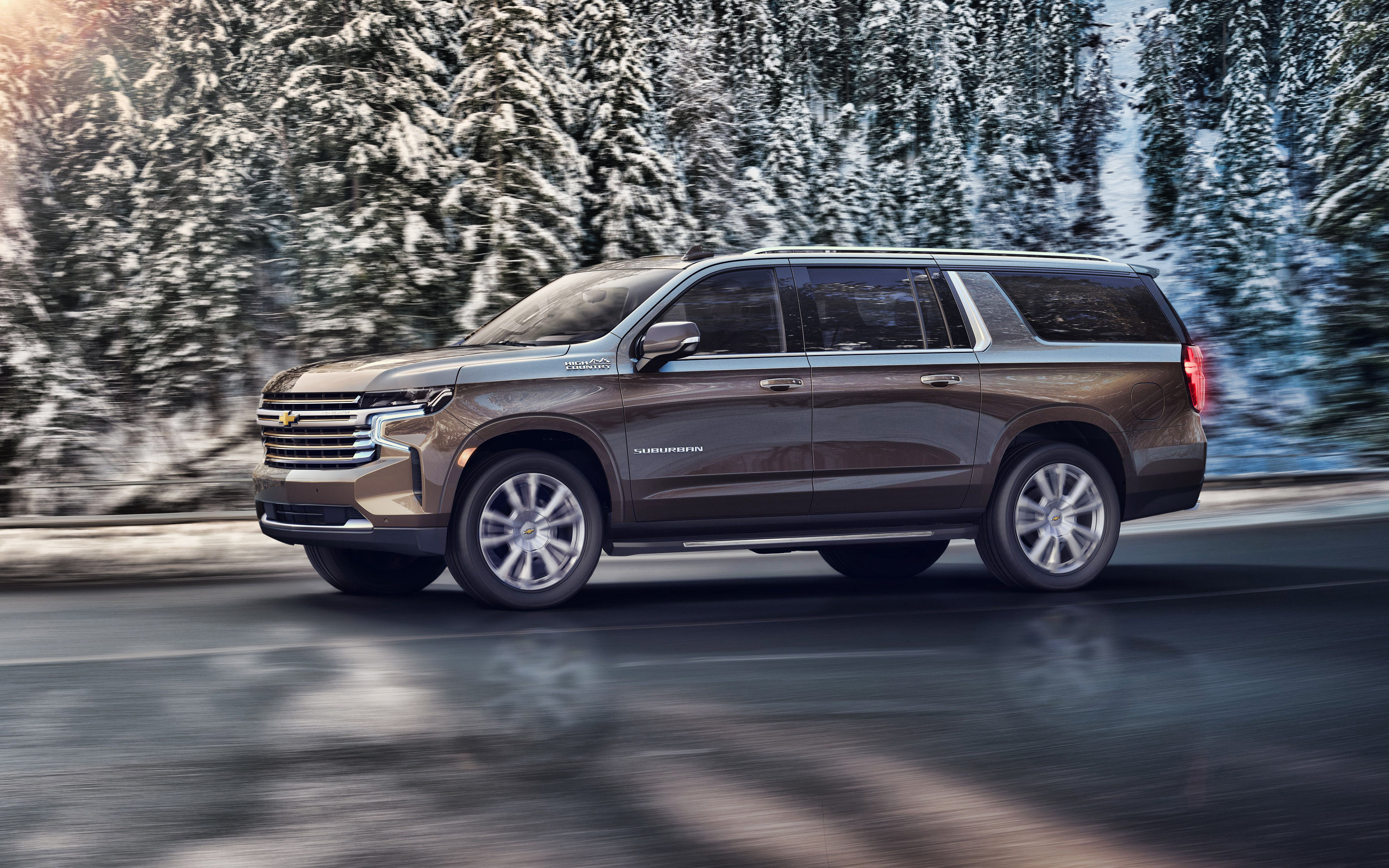 Download wallpaper Chevrolet Suburban, side view, exterior, luxury SUV, new brown Suburban, american cars, Chevrolet for desktop with resolution 3840x2400. High Quality HD picture wallpaper