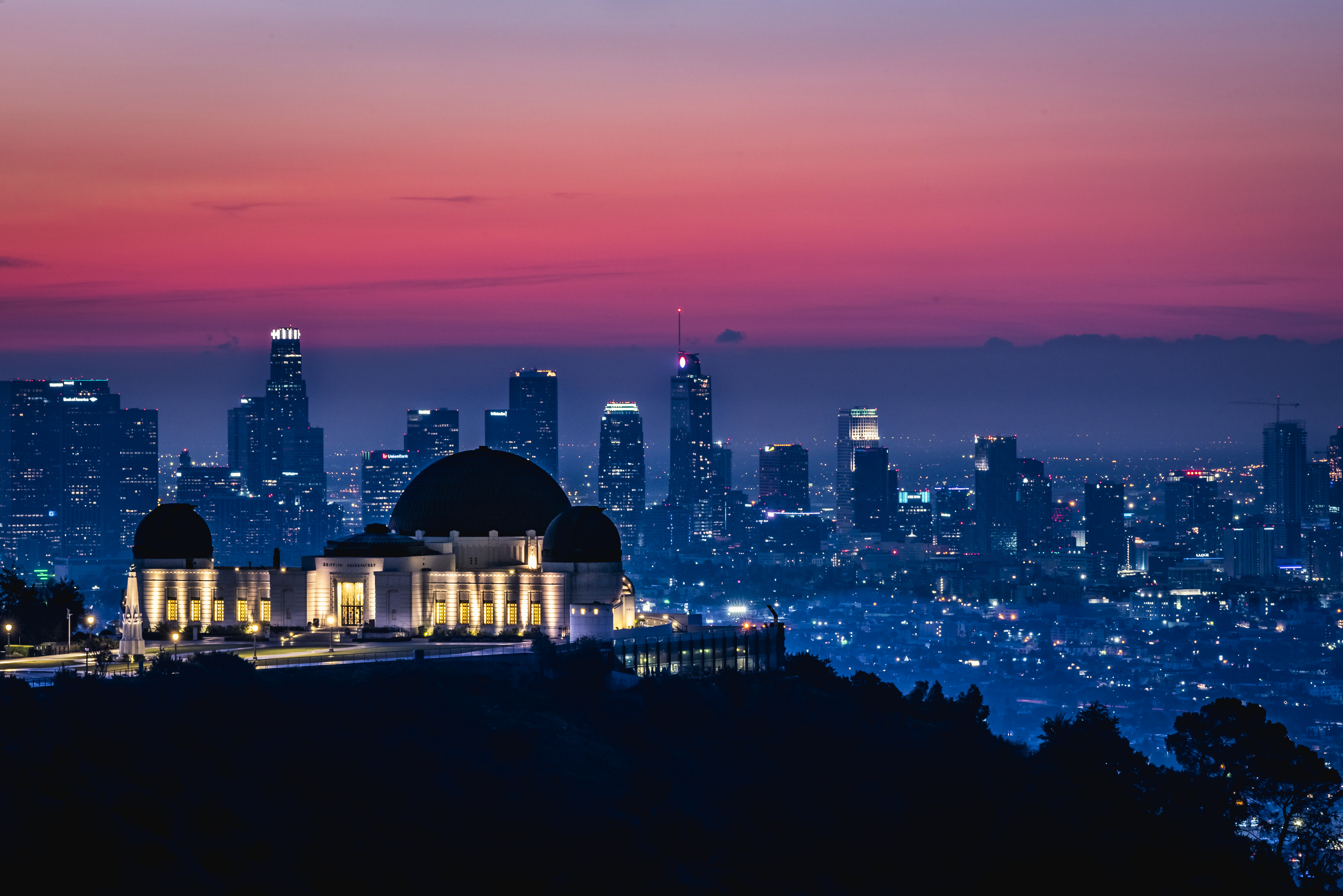 Griffith Observatory Wallpaper 4K, Los Angeles, California, Sunrise, Pink sky, Dawn, World
