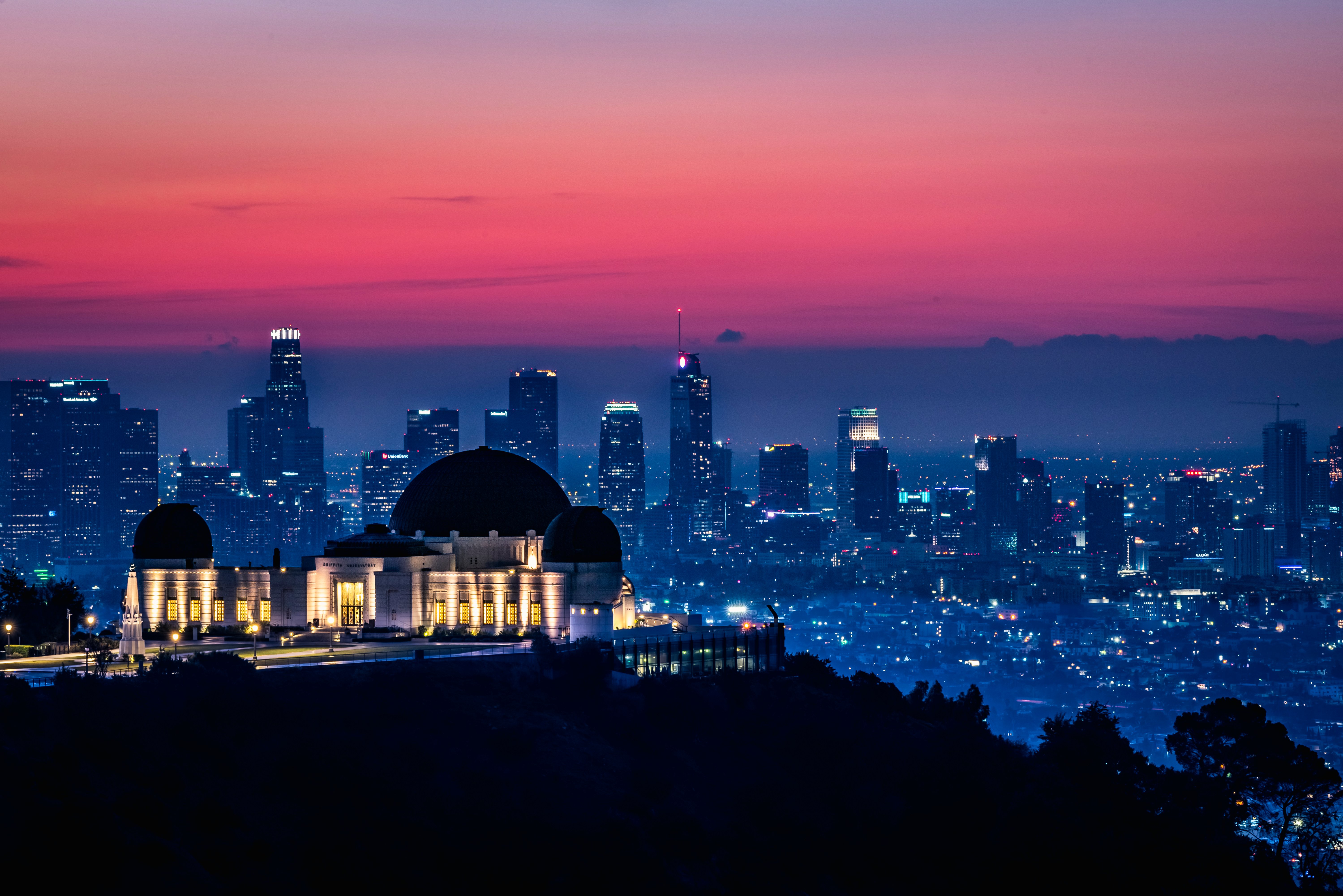 Griffith Observatory Wallpaper 4K, Los Angeles, California, Sunrise, Pink sky, Dawn, World