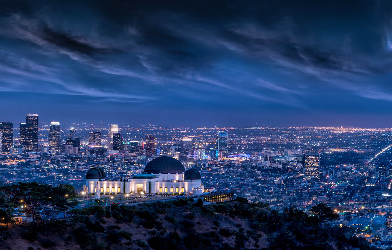 Wallpaper Clouds, Sky, Lightning, Lights, Night, Los Angeles, L.A., Griffith Observatory, Long, Architecture, Cityscape, Exposure image for desktop, section город