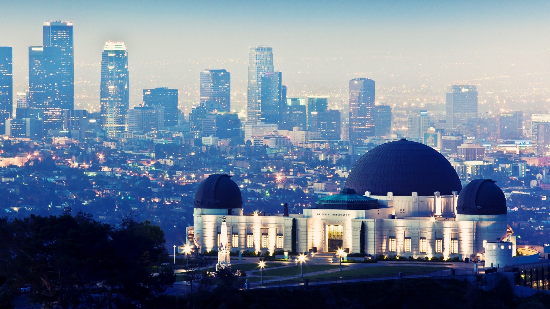 Wallpaper Griffith Observatory, skyscrapers, night, lights, Los Angeles, USA 1920x1200 HD Picture, Image