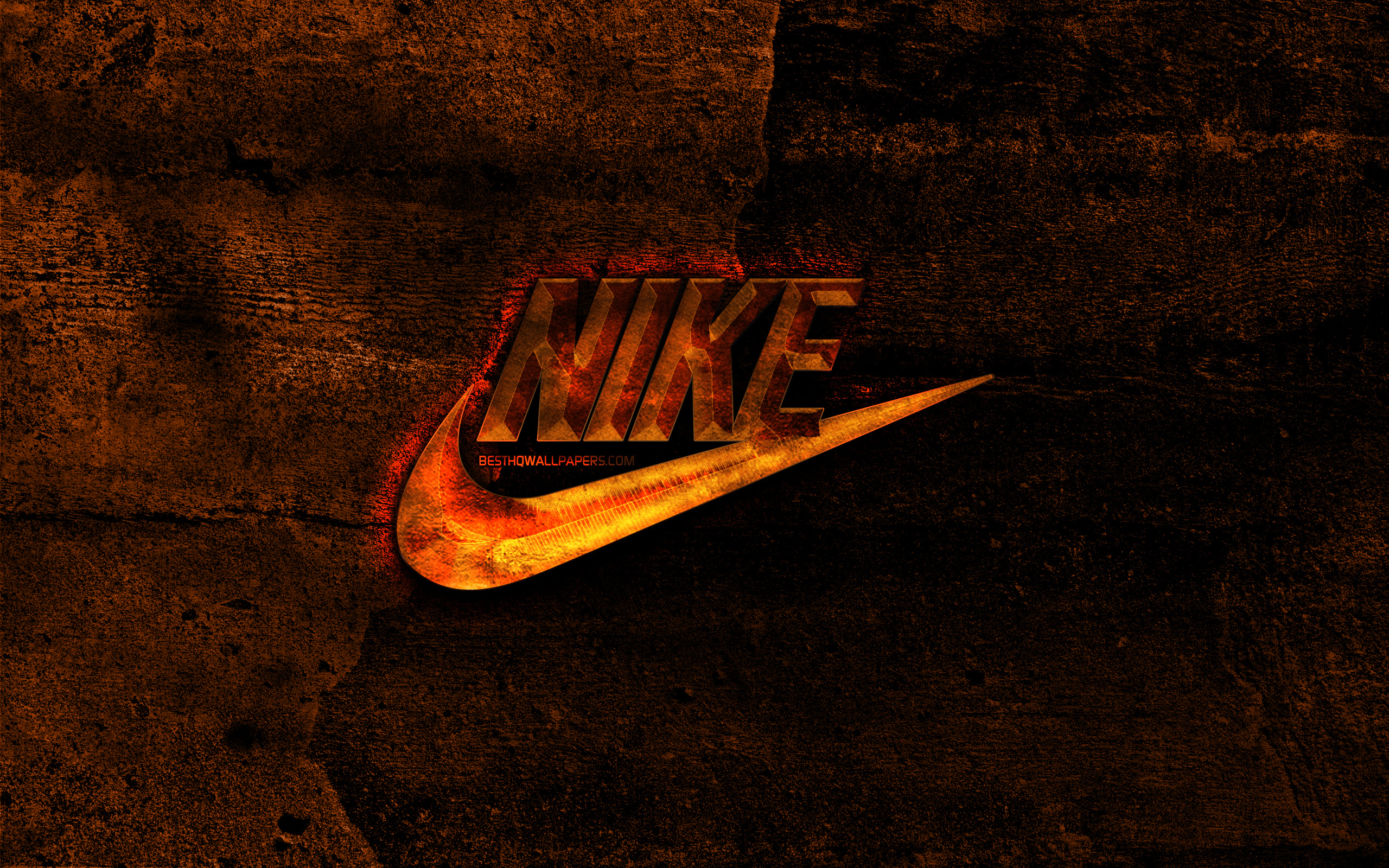 Download wallpaper Nike fiery logo, orange stone background, Nike, creative, Nike logo, brands for desktop with resolution 2560x1600. High Quality HD picture wallpaper