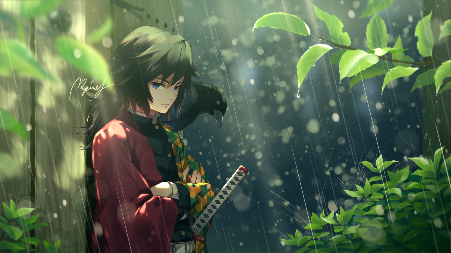 Demon Slayer Giyuu Tomioka Standing On Rain Around Plants HD Anime Wallpaper