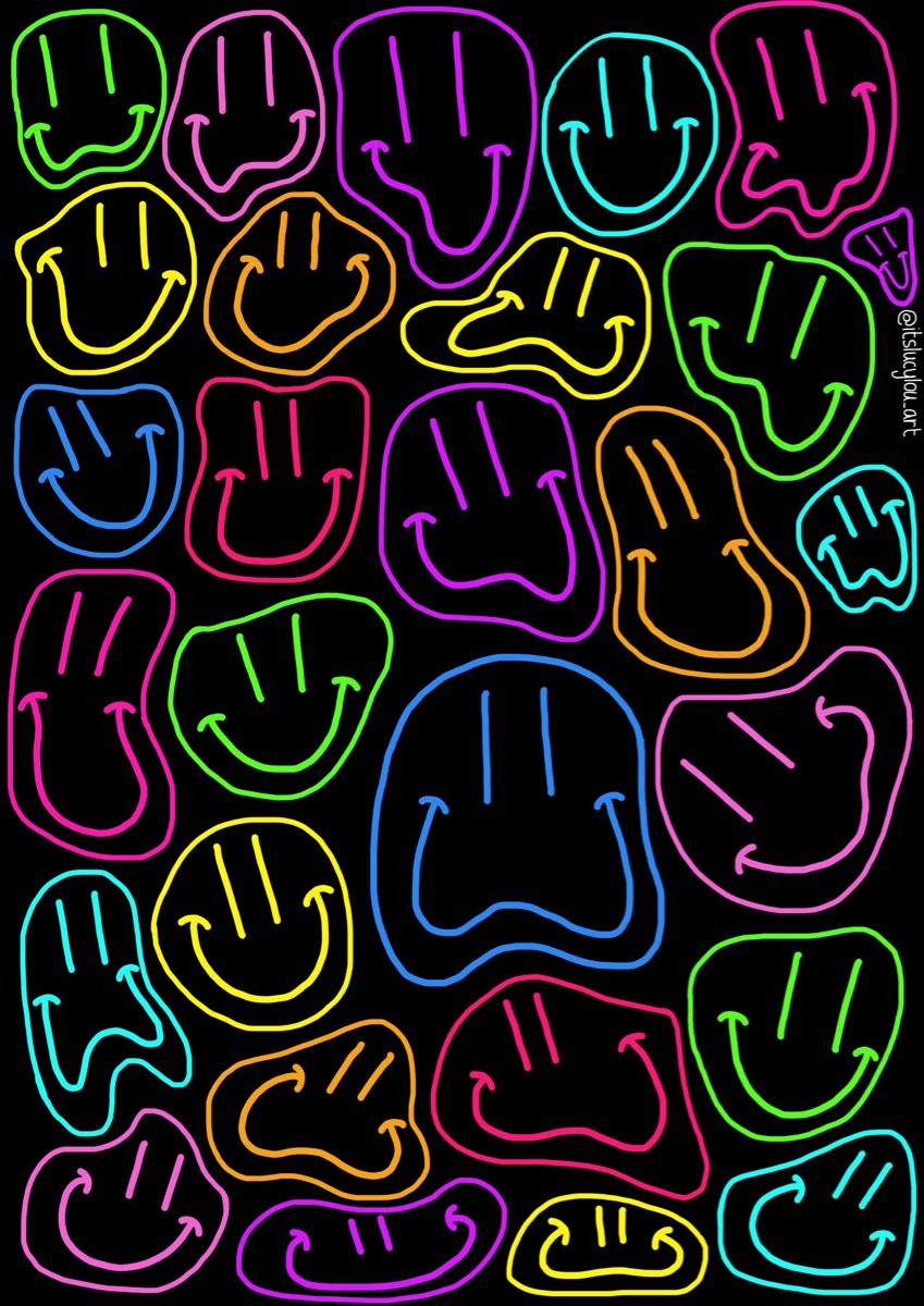 Neon Smileys Sticker Poster by itslucylou. Indie drawings, Trippy wallpaper, Edgy wallpaper