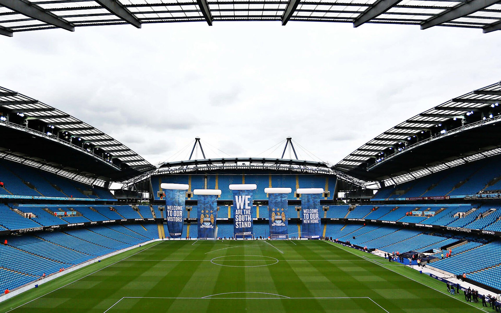 Download wallpaper Etihad Stadium, City of Manchester Stadium, Manchester, Great Britain, English football stadium, Manchester City FC stadium, inside view, South Stand, football, Premier League, England for desktop with resolution 1920x1200. High