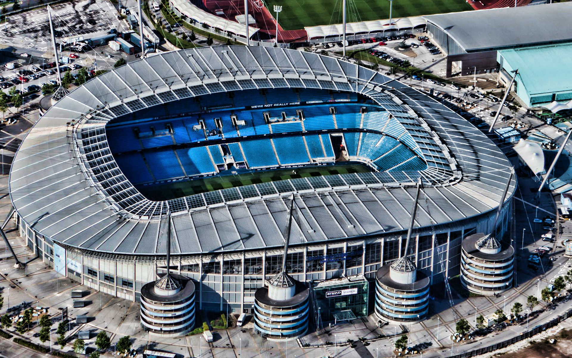 Download wallpaper Etihad Stadium, HDR, soccer, aerial view, Manchester City Stadium, football stadium, Manchester City FC, english stadiums, England for desktop with resolution 1920x1200. High Quality HD picture wallpaper