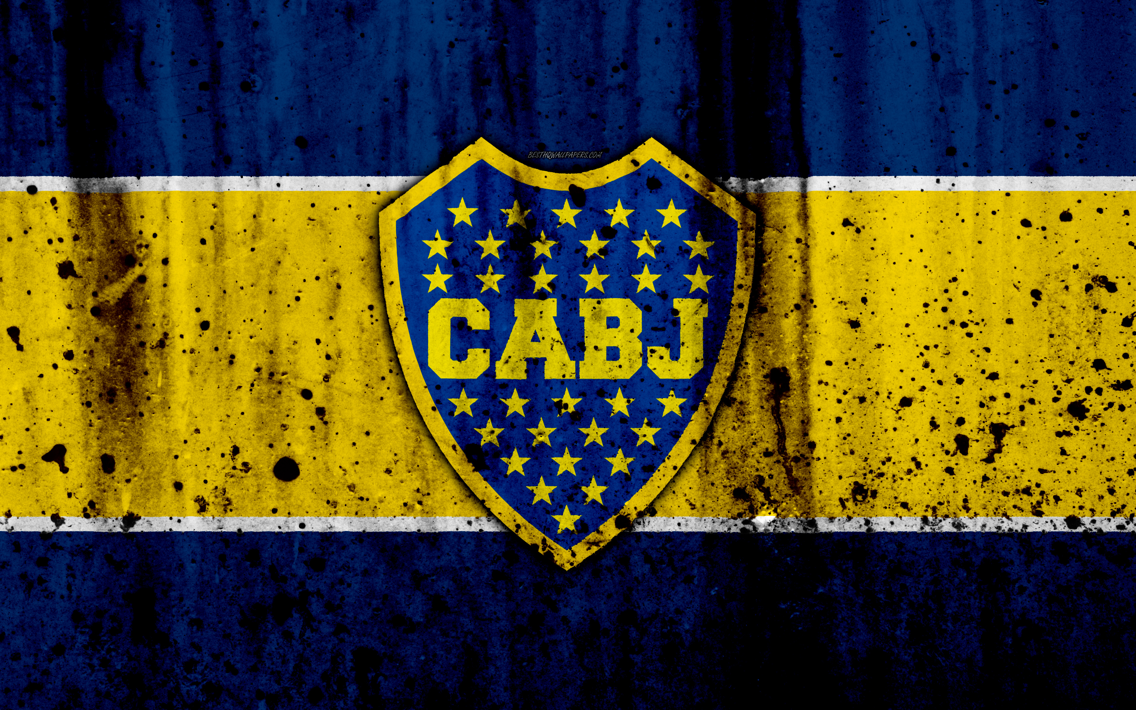 Download wallpaper 4k, FC Boca Juniors, grunge, Superliga, soccer, Argentina, logo, Boca Juniors, football club, CABJ, stone texture, Boca Juniors FC for desktop with resolution 3840x2400. High Quality HD picture wallpaper