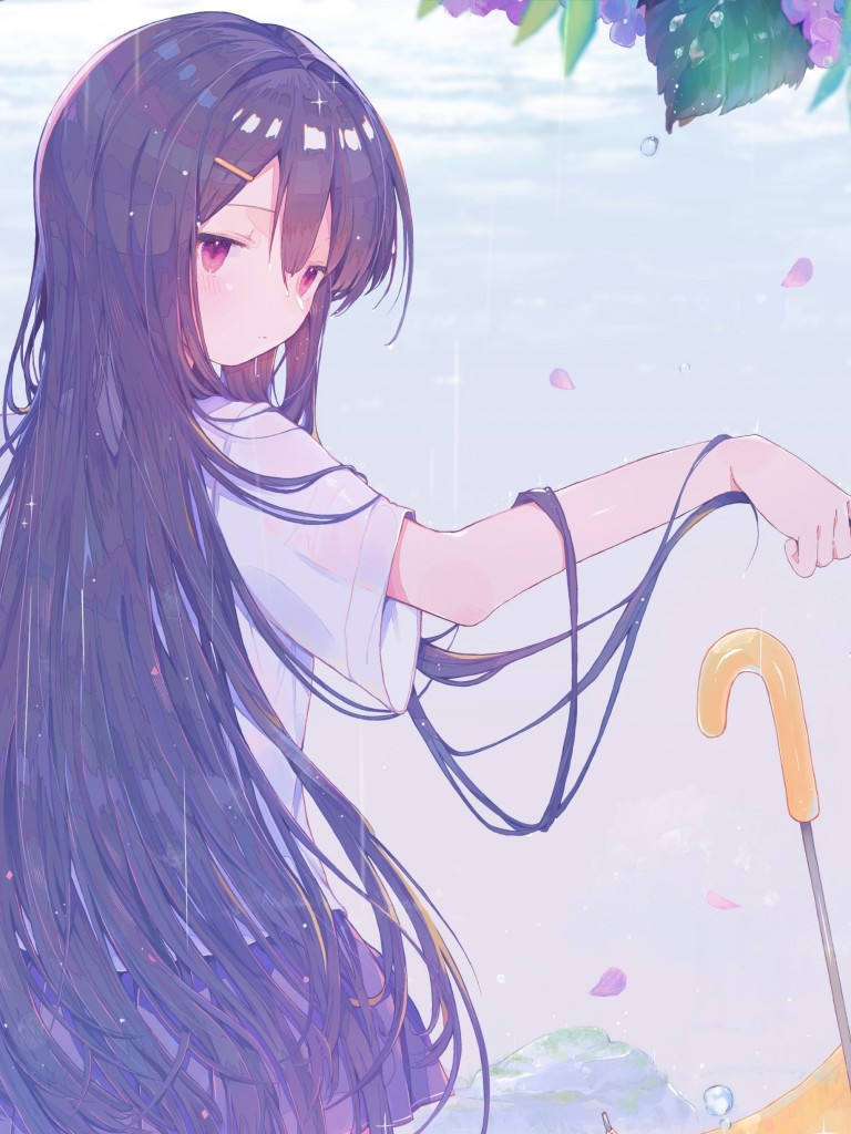 Download 768x1024 Beautiful Anime Girl, School Uniform, Raining, Purple Lavender, Long Hair Wallpaper for Apple iPad 1, 2, Apple iPad Mini