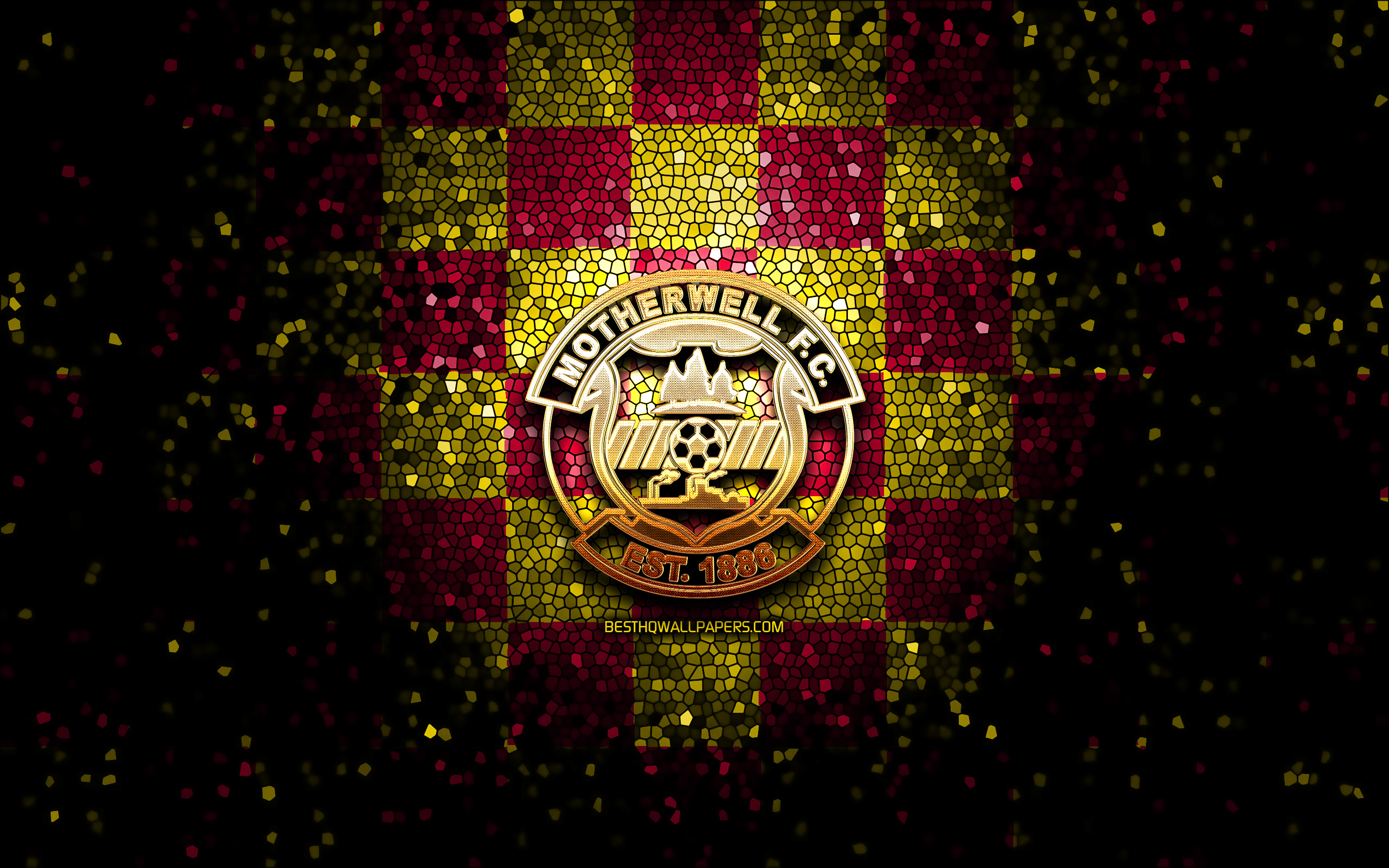 Download wallpaper Motherwell FC, glitter logo, Scottish Premiership, red yellow checkered background, soccer, scottish football club, Motherwell logo, mosaic art, football, FC Motherwell for desktop with resolution 2880x1800. High Quality HD picture