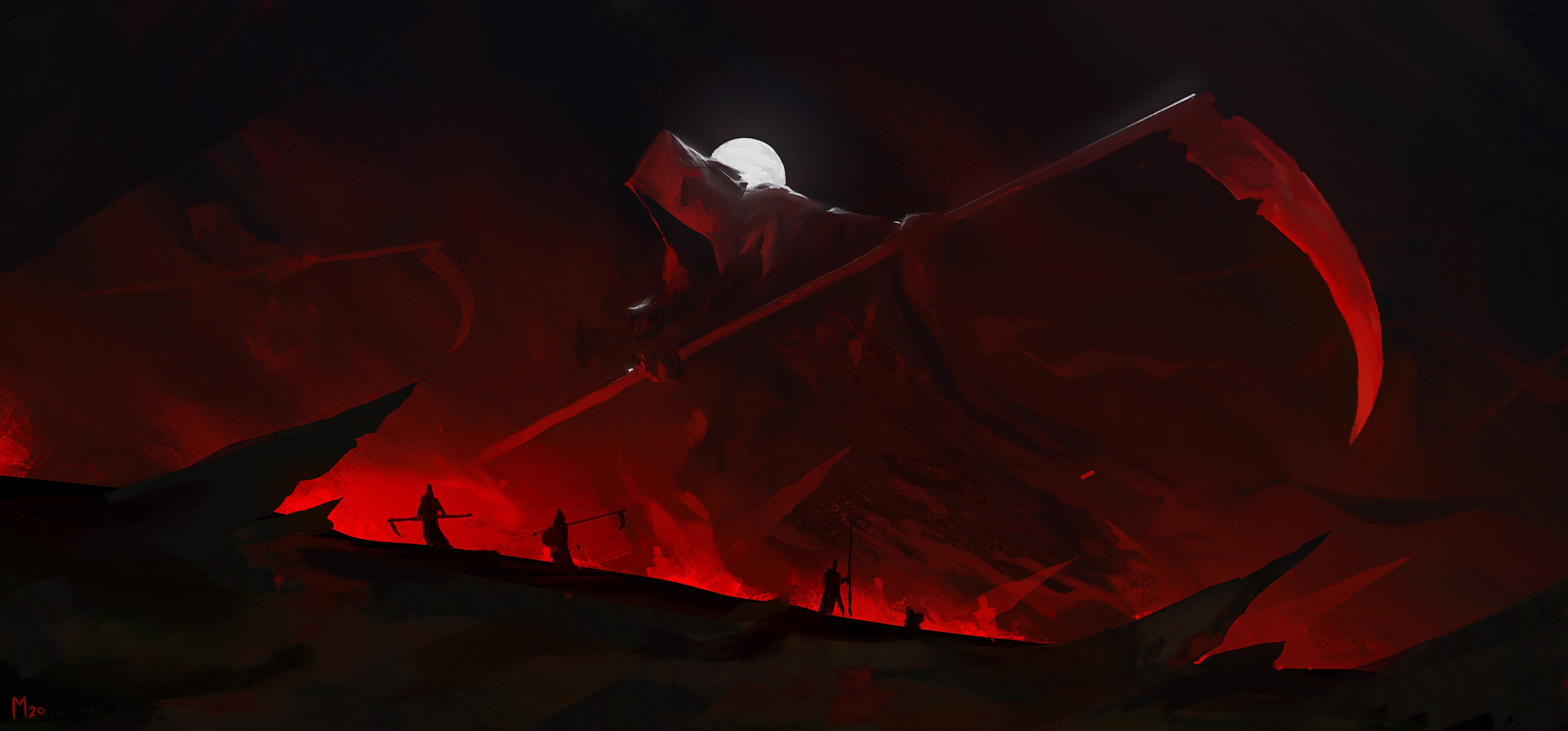 Scythe Reaper Digital Art Artwork Dark Red Grim Reaper Wallpaper:3840x1792