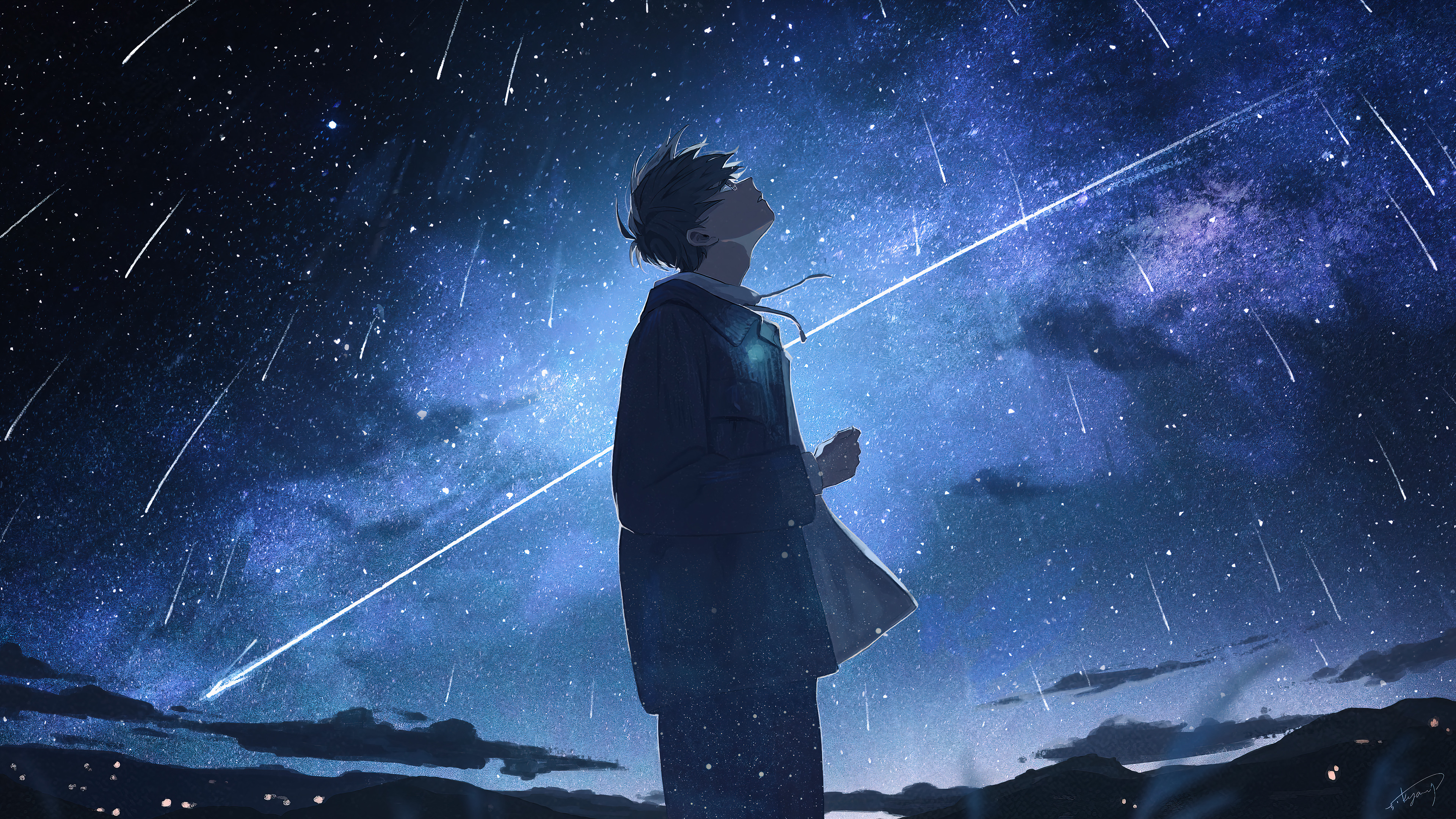 Anime Boy Alone Night Stars Scenery PC DeskK Wallpaper