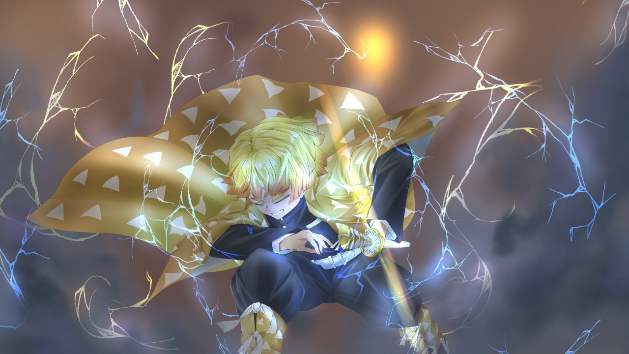 Demon Slayer Zenitsu Agatsuma Having Sword With Background Of Yellow Light And Lightning 4K HD Anime Wallpaper