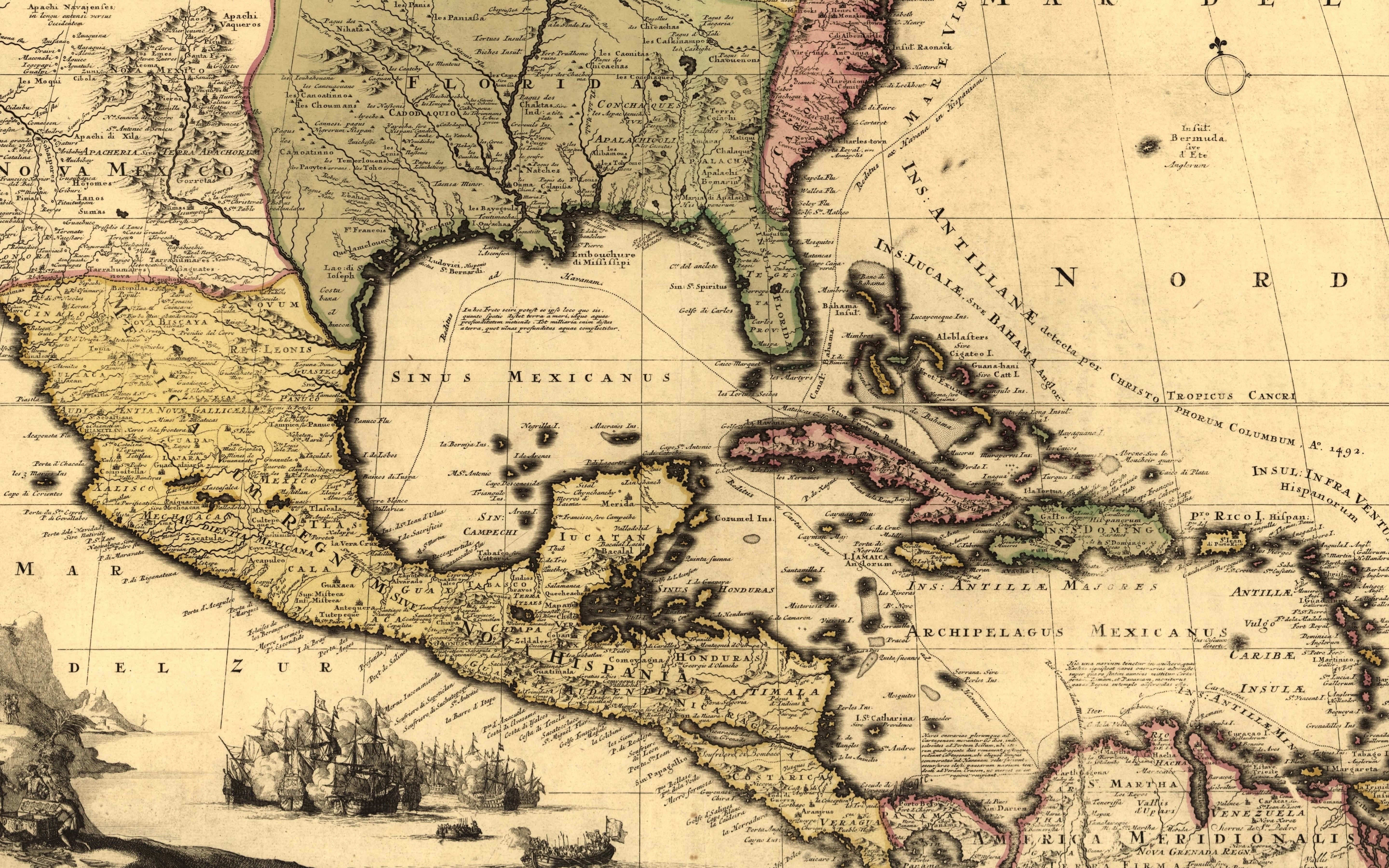 Download wallpaper old map of New Mexico State, Florida, Mexico, Old Maps, North America, Central America, 1710, Map of Mexico for desktop with resolution 5760x3600. High Quality HD picture wallpaper