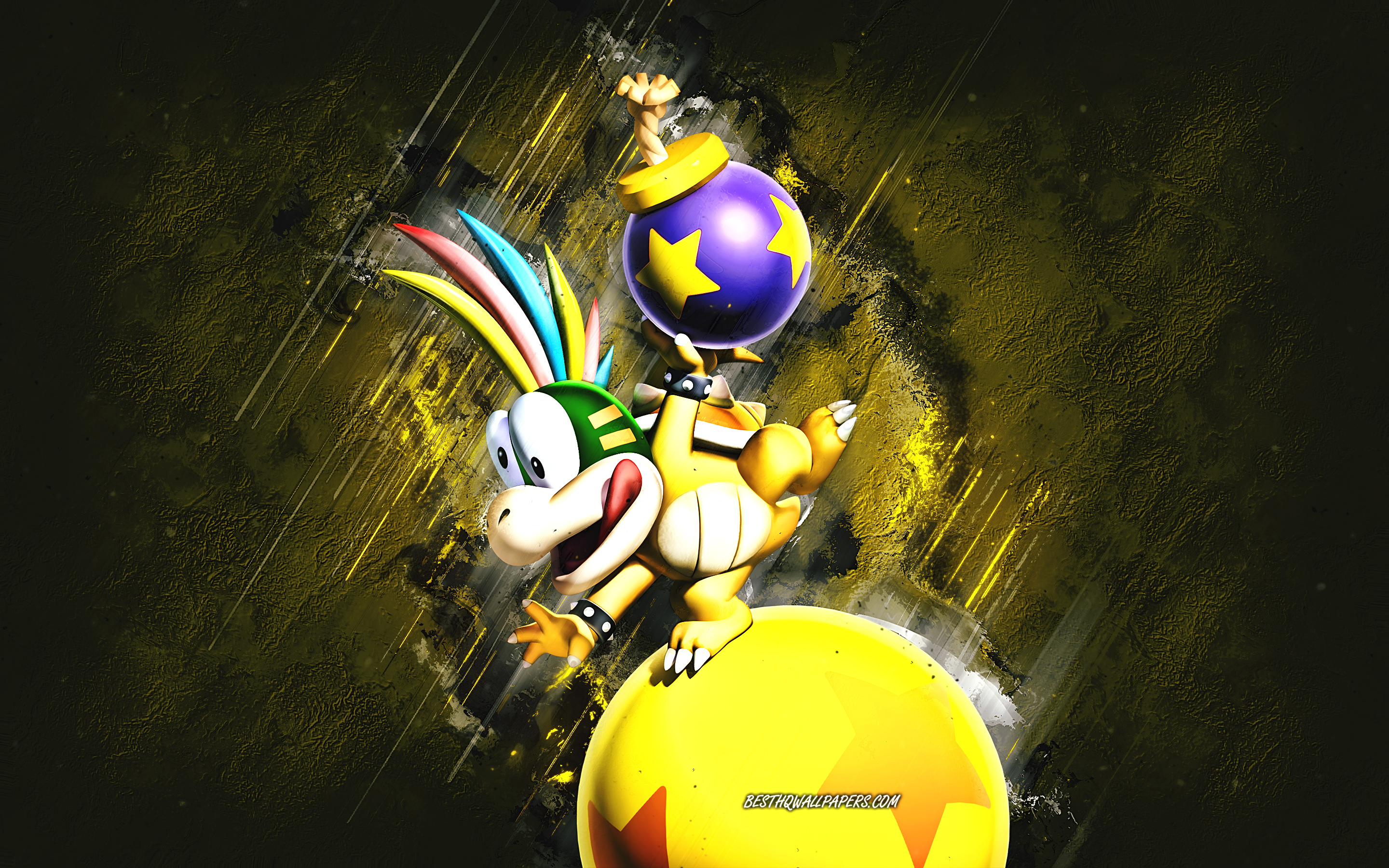 Download wallpaper Lemmy Koopa, Super Mario, Mario Party Star Rush, characters, yellow stone background, Super Mario main characters, Lemmy Koopa Super Mario for desktop with resolution 2880x1800. High Quality HD picture wallpaper