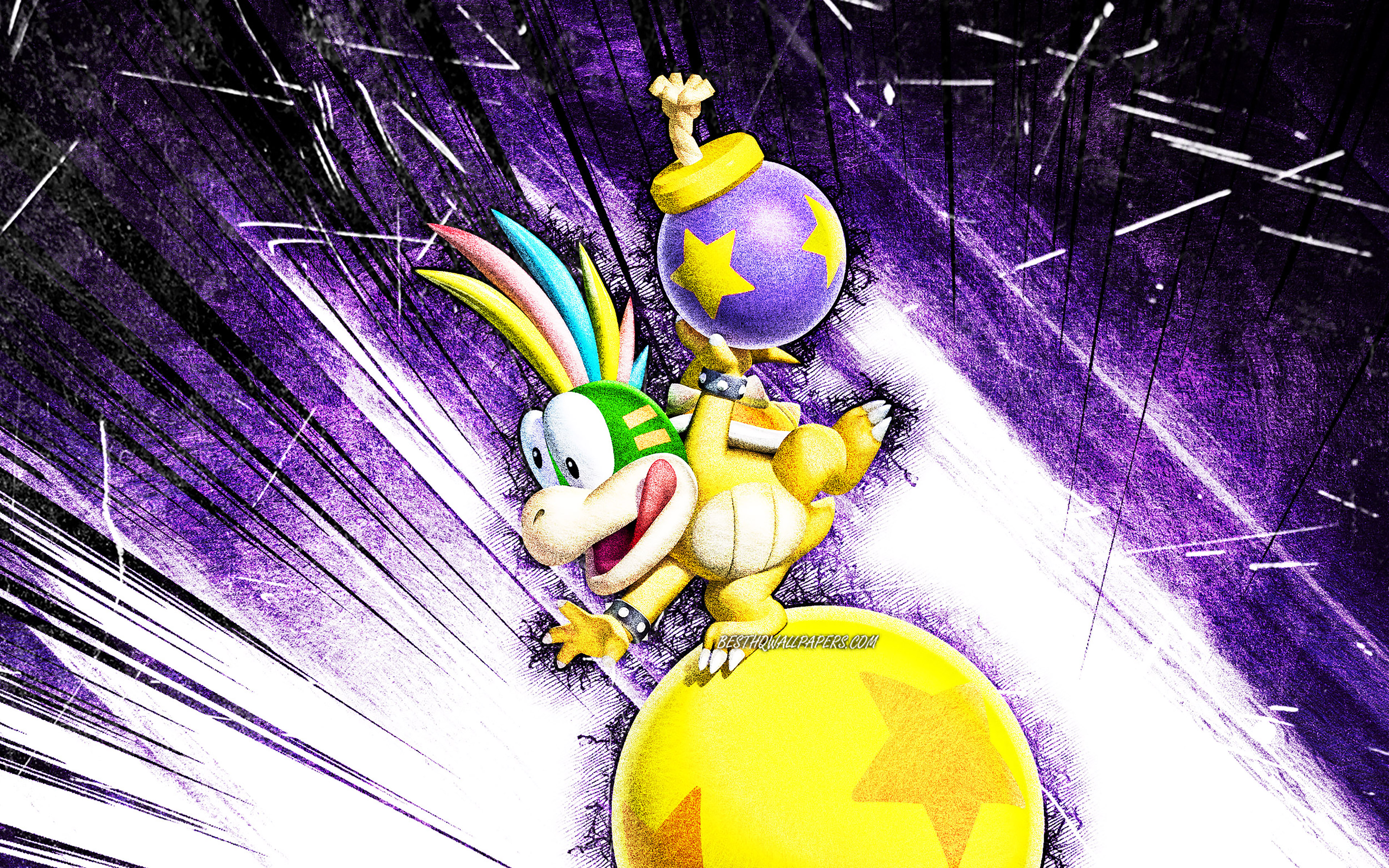Download wallpaper 4k, Lemmy Koopa, grunge art, Super Mario, cartoon dinosaur, violet abstract rays, Super Mario characters, Lemmy Koopa Super Mario for desktop with resolution 3840x2400. High Quality HD picture wallpaper