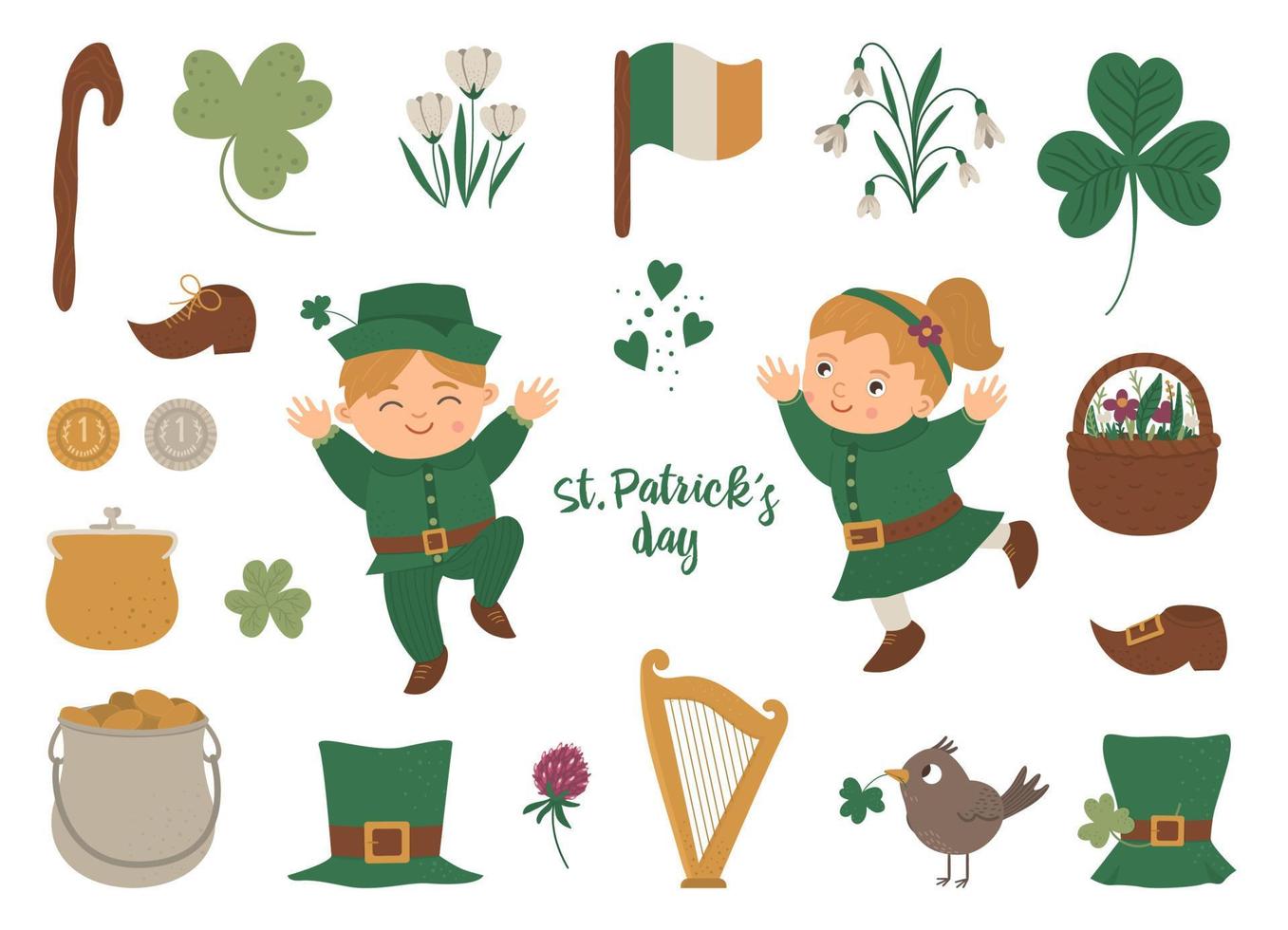 Vector set of St. Patrick Day symbols. National Irish holiday icons isolated on white background. Cute funny flat boy and girl in green clothes with shamrock and traditional objects. Vector Art