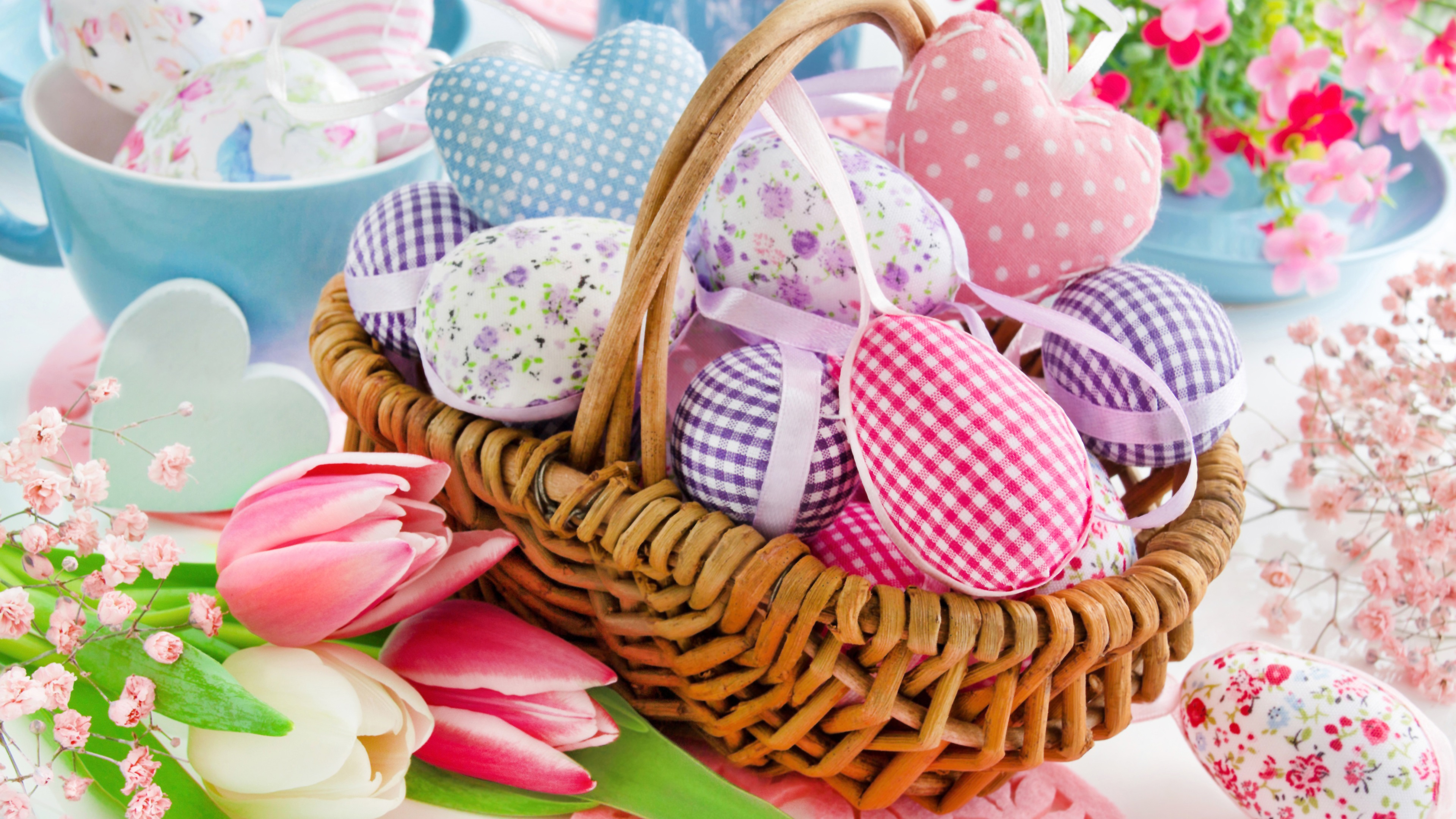 Wallpaper Tulips, colorful eggs, cloth, basket, Happy Easter 3840x2160 UHD 4K Picture, Image