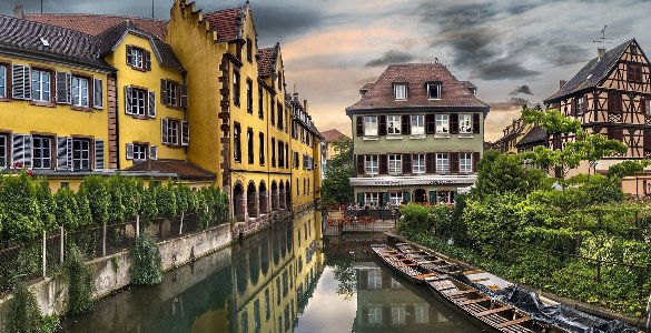 Colmar France Town Village Architecture Houses Buildings Hdr Canal Waterway Water Reflection Sky Clouds Desktop Background Wallpaper
