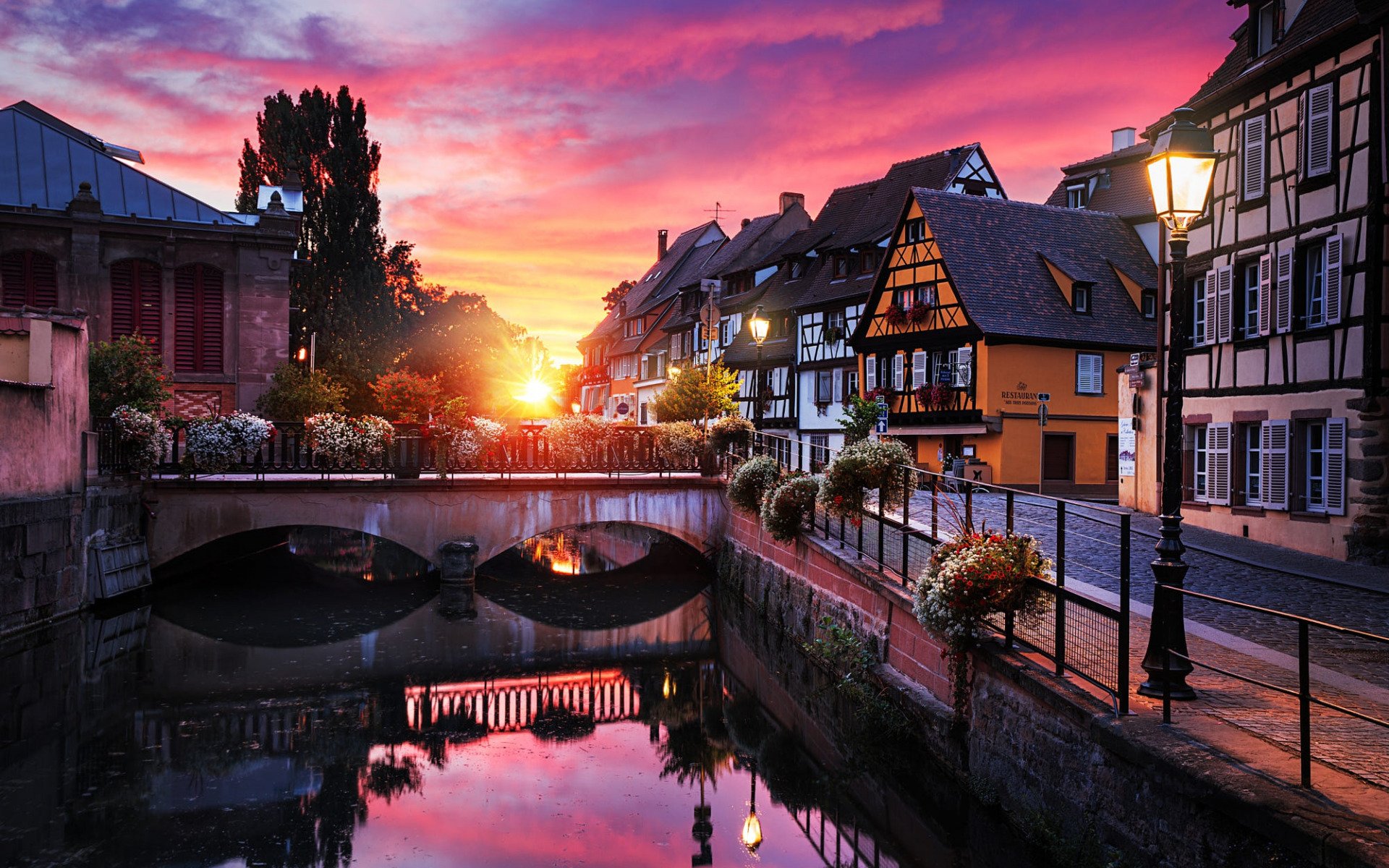 Download wallpaper Colmar, evening, sunset, buildings, french city, Colmar cityscape, Grand Est region, France for desktop with resolution 1920x1200. High Quality HD picture wallpaper