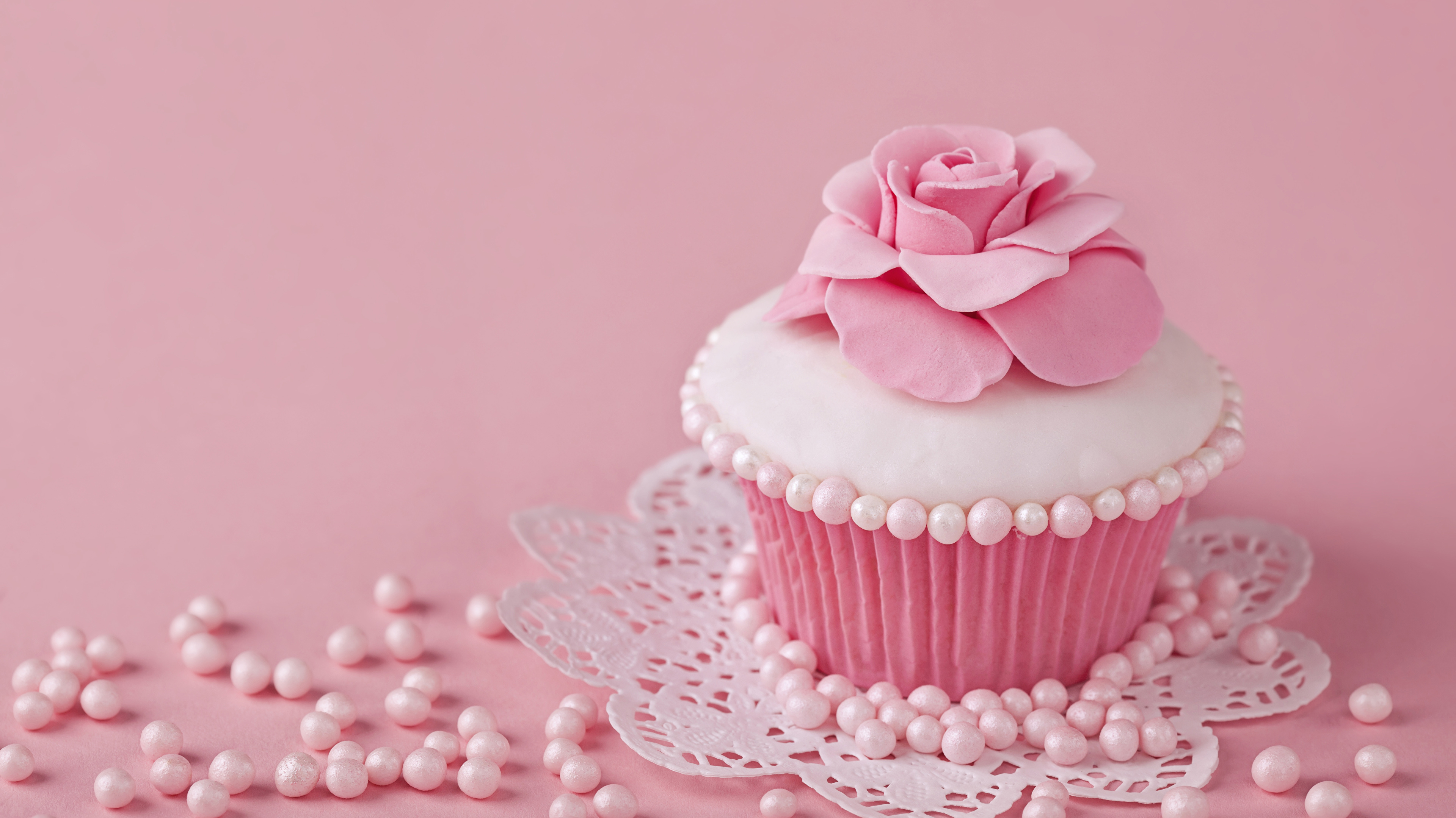 Wallpaper Pearl Roses Cupcake Pink color Food Little cakes 3840x2160