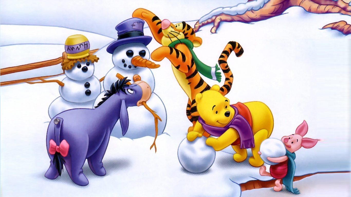 Cartoon Winnie The Pooh Tigger And Piglet Winter Snow Making Snowman HD Desktop Background Free Download 1920x1200, Wallpaper13.com