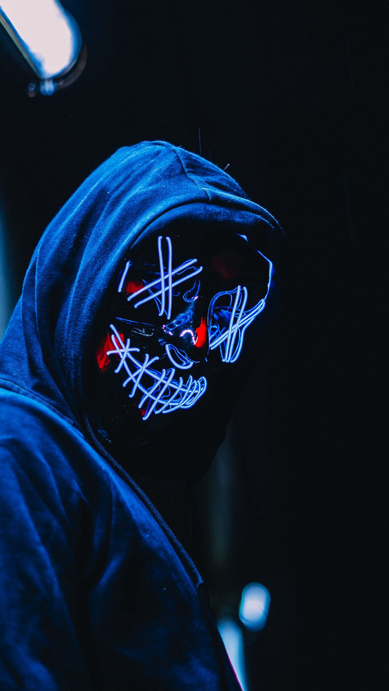 Download wallpaper 1350x2400 mask, anonymous, hood, glow, dark iphone 8+/7+/6s+/for parallax HD background