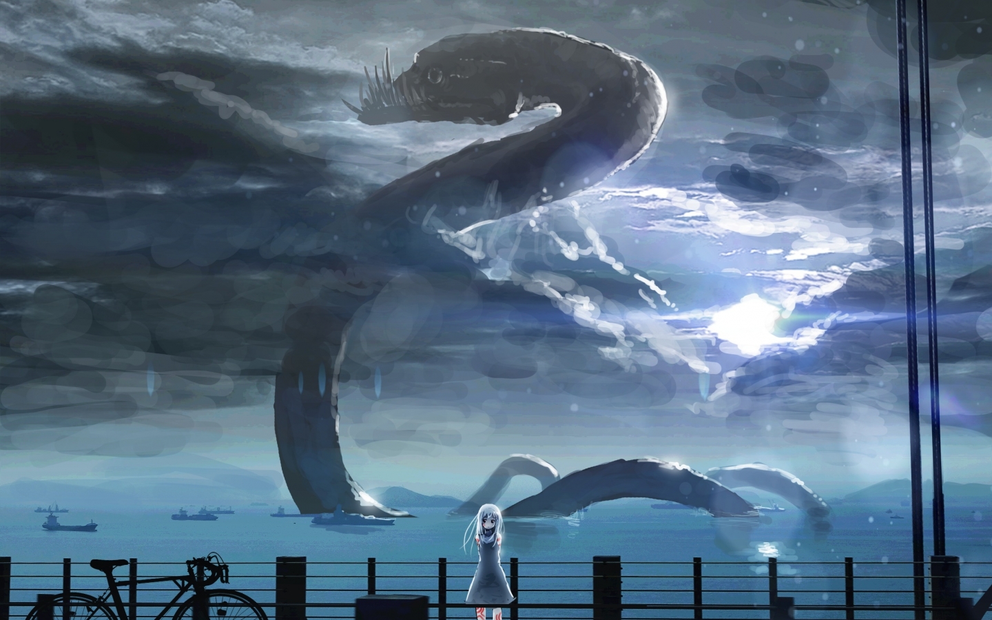 Wallpaper Anime Girl, Painting, Giant Snake:2500x1747